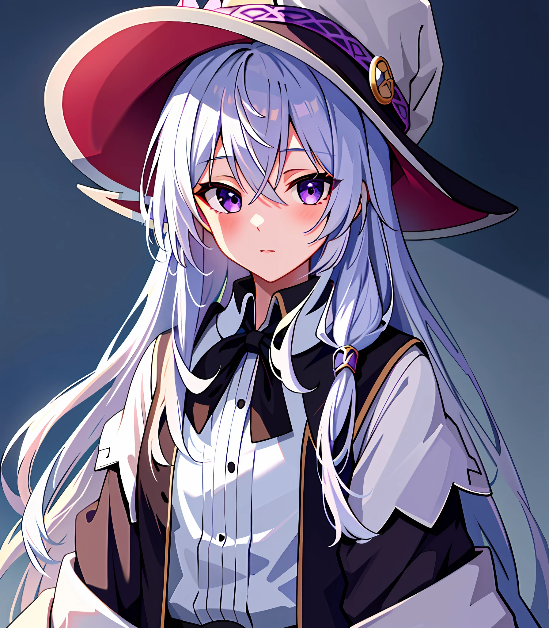 masterpiece, best quality, 1girl, elaina_(majo_no_tabitabi), silver hair, purple eyes, long hair, hat