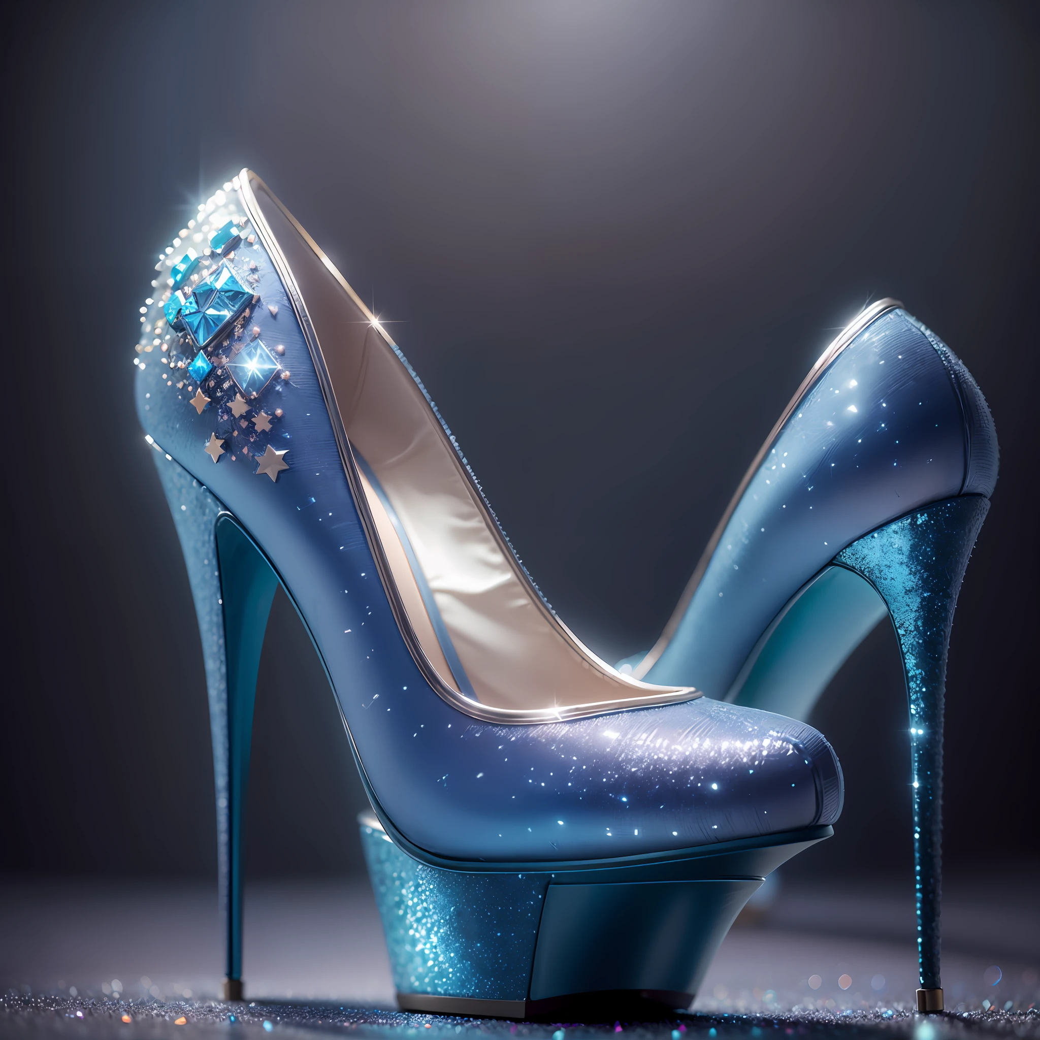 "(Ultra-detailed, super realistic) Blue high heels with a touch of glitter, lightly laced, set against a night club backdrop with a 1.3 weighting, arranged in a vertical layout with 1.1 auto focus and a soft light layer. Depth of field has a 1.1 weighting."