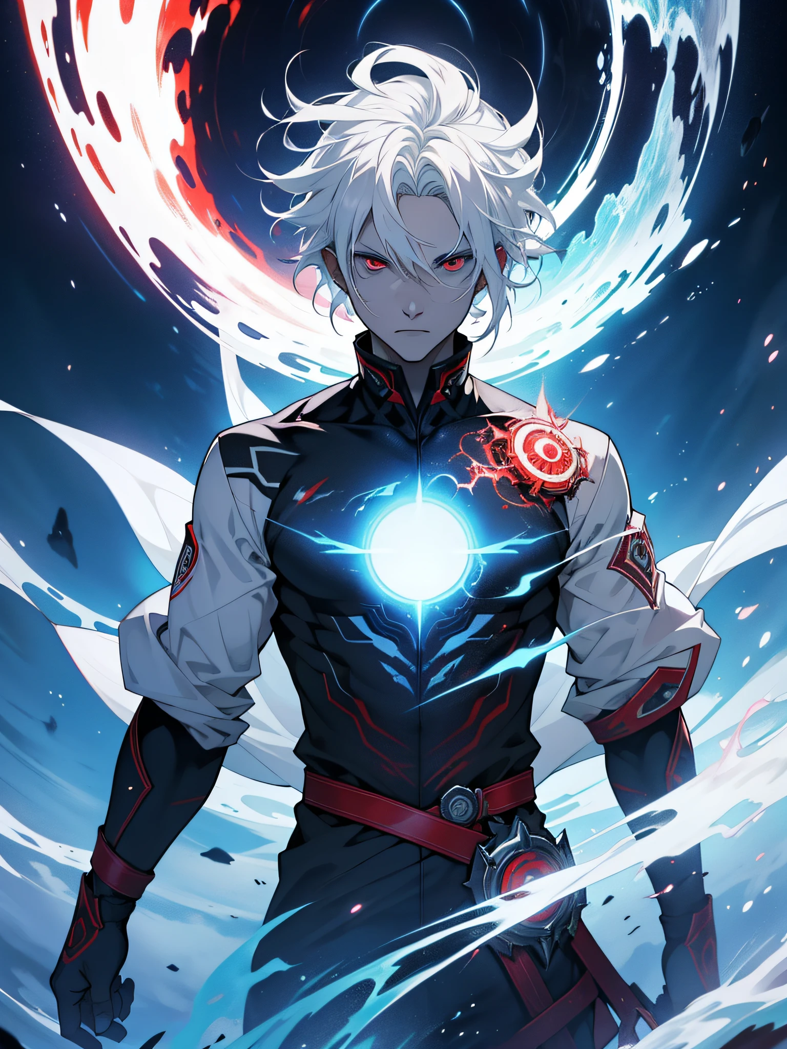 the artificial soul of the white-haired, red-eyed male protagonist emerging from his body, represented as an ethereal energy with swirling patterns, as he confronts the controlling God in a celestial realm