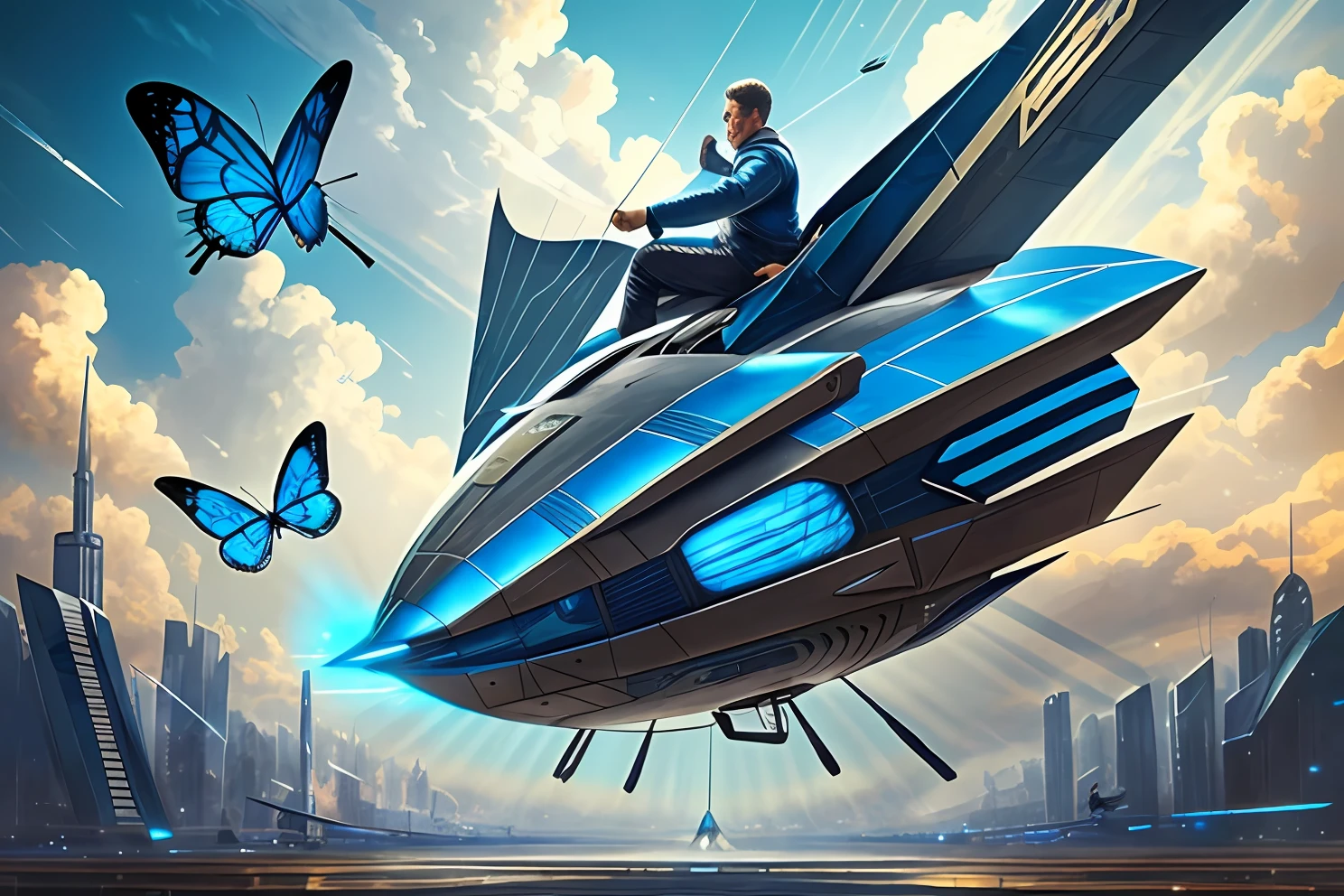 a man riding a blue butterfly, bow of arrows in hand, blade runner, futuristic, high quality, solar punk, airship on the sky, cinematic 1080p --auto --s2