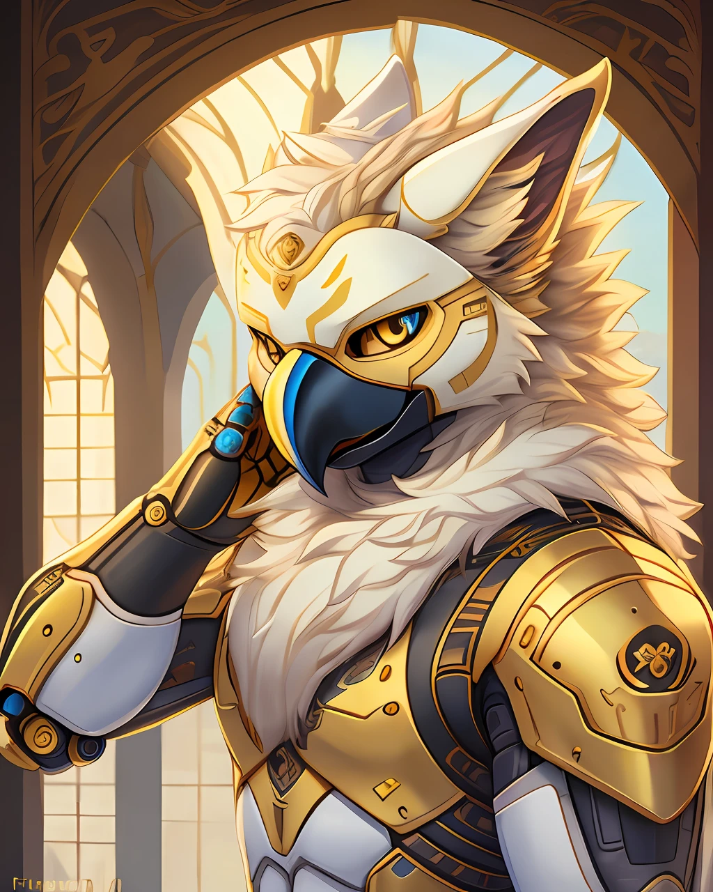 by fluff-kevlar, by vader-san, ivorygoldai, robotic anthro male (gryphon) solo, beak, best quality, looking at viewer, bust