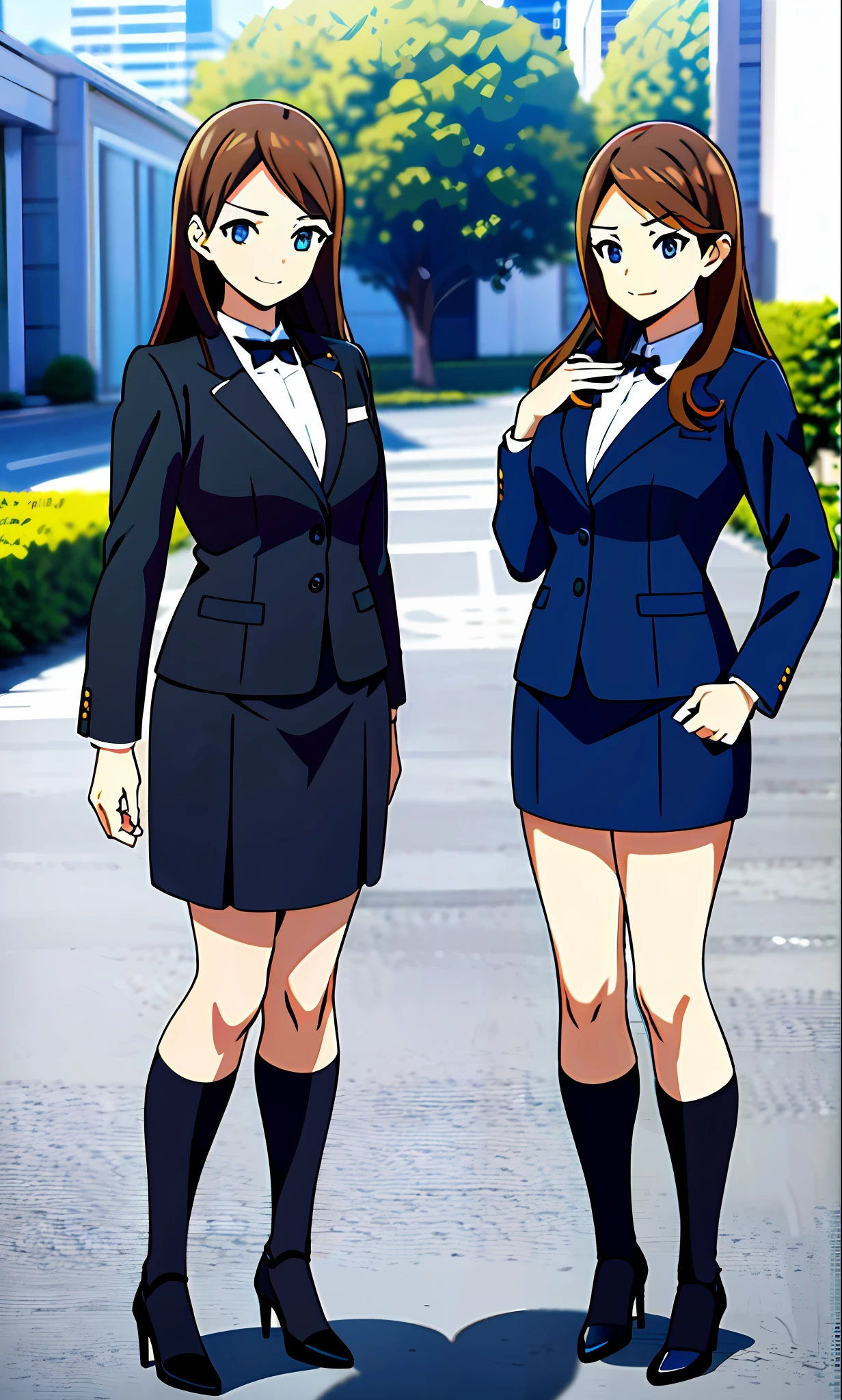 perfect anime illustration, brown hair, wavy hair, hazel eyes, smiling, blue skirt suit, black high heels, businesswoman, highres, full body, 3girls, identical sisters, matching outfits, matching hairstyles, matching faces, bare legs, group photo