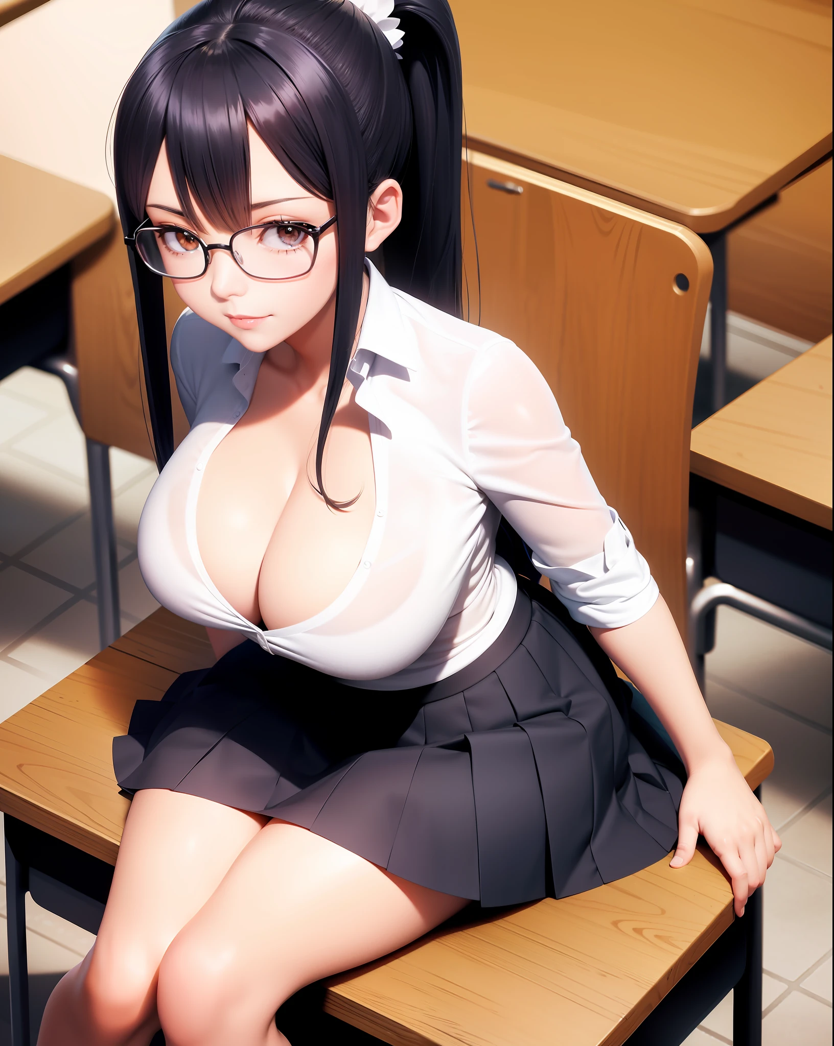 Teacher, large_breasts, glasses, classroom, ponytail, cleavage, blushing, skirt, perfect hair, perfect hands, sitting down, Fairy Tail style