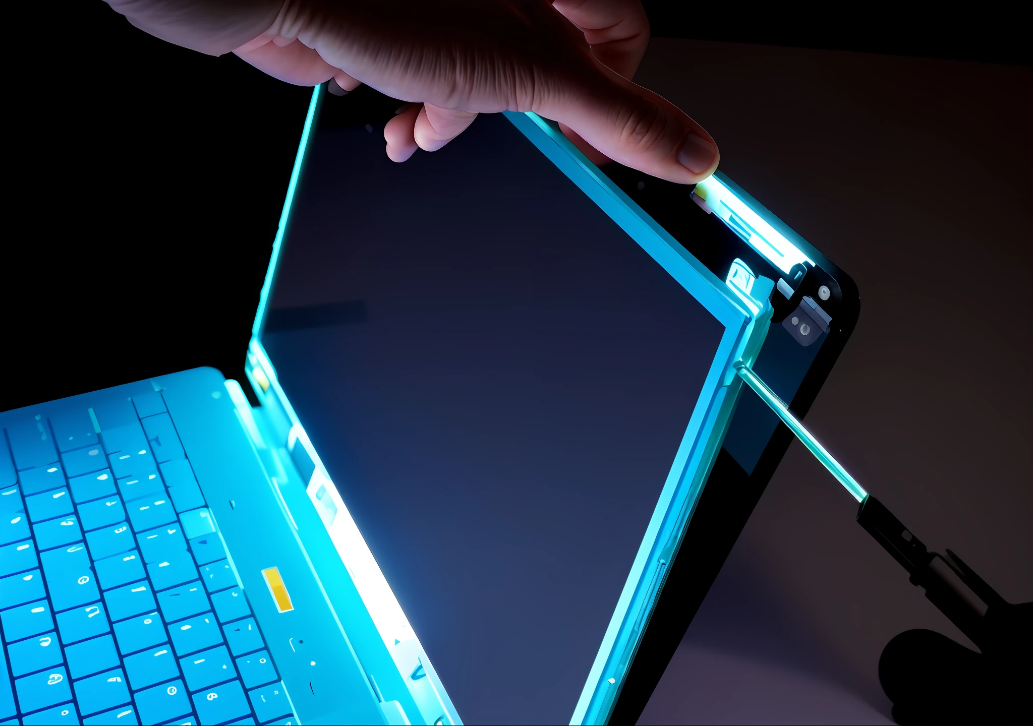 someone is removing the screen from the laptop with a plastic pen, broken laptop screen, disassemble the computer, laptop, lcd screen, diy, repairing the other one, everything fits on the screen, remove, laptops, computer, large screen, holding glowing laptop computer, maintenance photo, screen melting, professionally assembled, sharply detailed, maintenance, digital photo