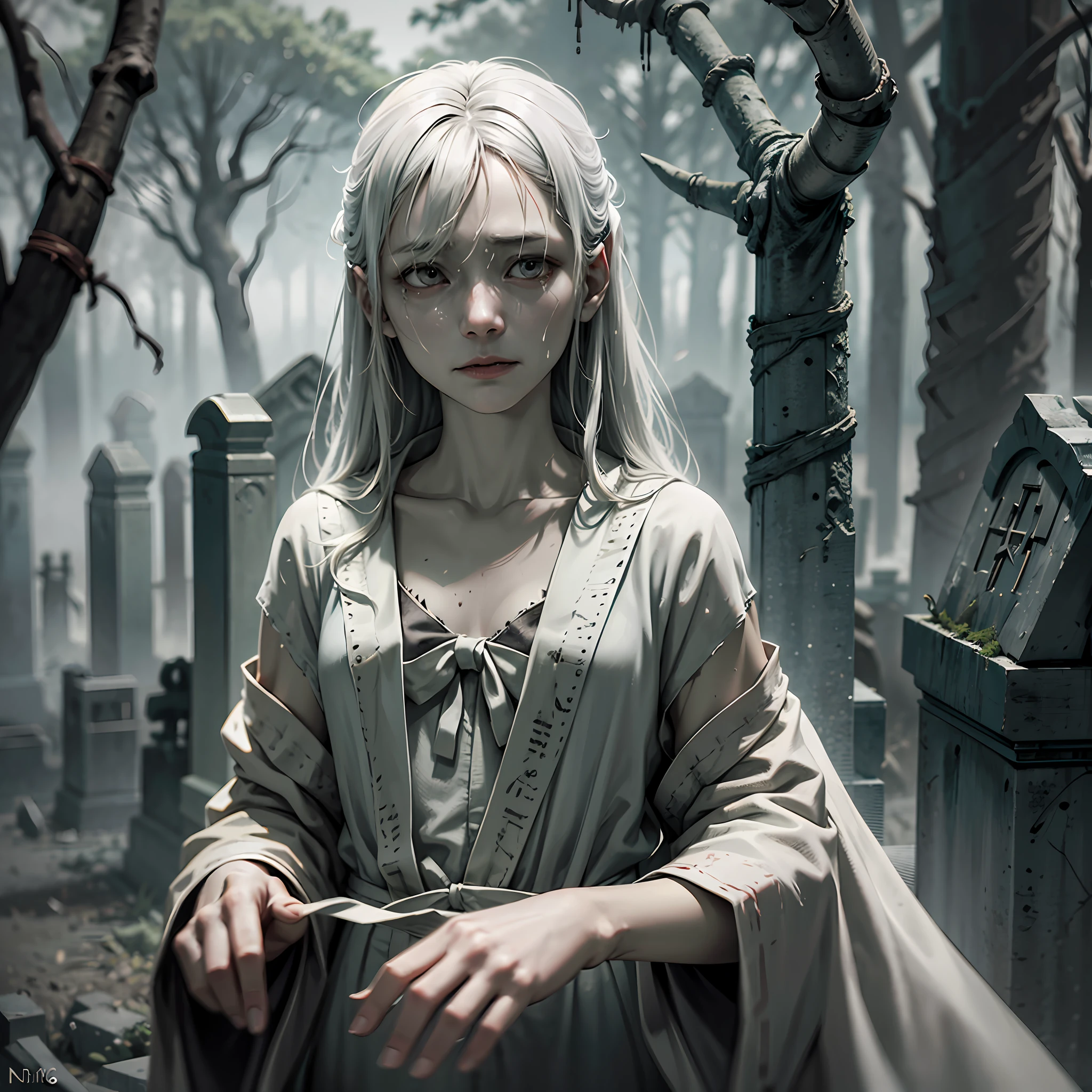 The spectral form of a vengeful Japanese ghost, donning a tattered white burial robe, its contorted, ghastly face revealing a mix of anger and despair, long, bony fingers reaching out as ethereal wisps of fog surround its twisted figure, standing in an eerie graveyard filled with moss-covered tombstones and withered trees, Photography, using a medium telephoto lens (85mm) to create a shallow depth of field, highlighting the ghost character amidst the haunting environment, --ar 16:9 --v 5 --auto --s2