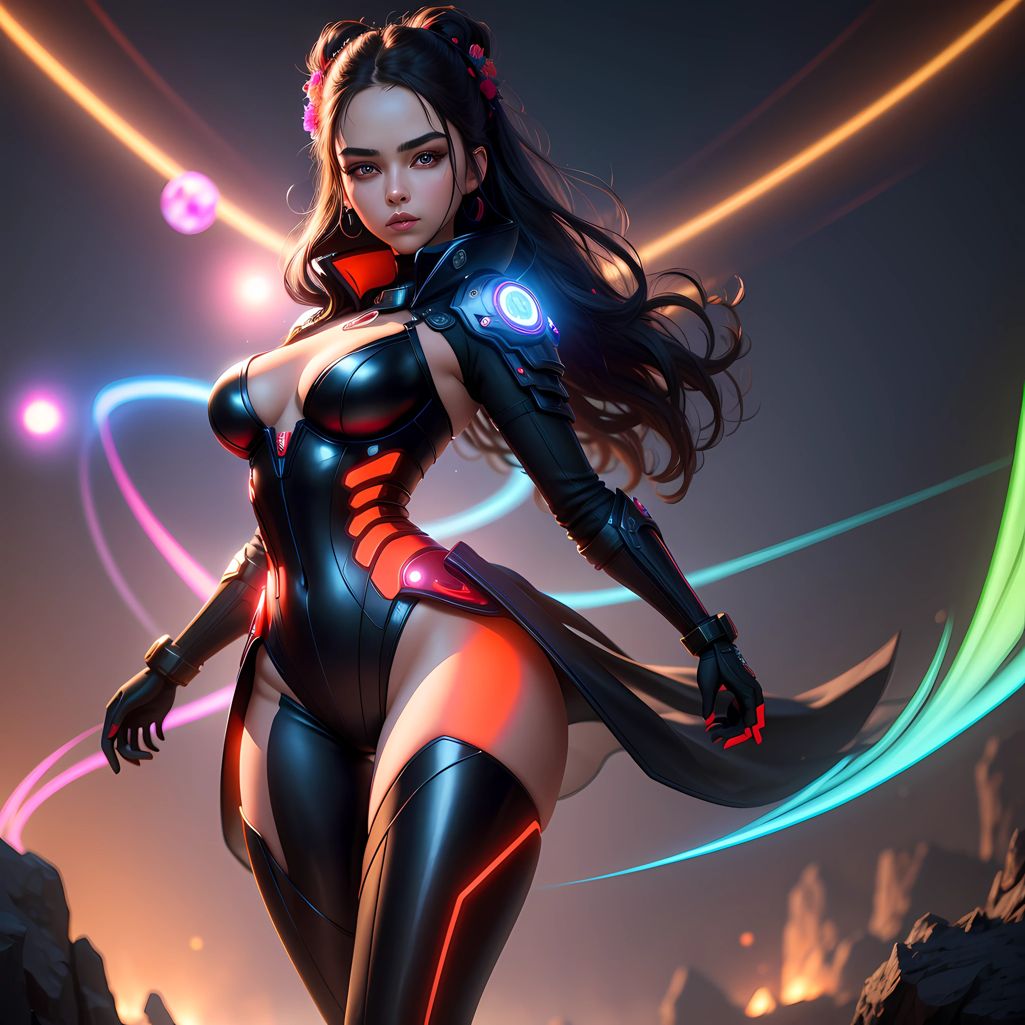 Highly detailed RAW color photo, beautiful young woman, dynamic pose, (black and red outfit, neon curves) (wide ????), (detailed skin), (detailed lips), (detailed eyes), (cosmic: 1.4), (necropolis : 1.1), (intergalactic scenery, with planets glowing in the background) (detailed face), (curvy), detailed eyes, chromatic aberration, depth of field, soft lighting, masterpiece, best quality, intricate, (lens flare: 0.7), (flowering: 0.7), particle effects, ray tracing, tone mapping, highly detailed, neon art, soft, sharp focus, dramatic lighting, highly detailed art, cinematic, hyperrealistic painting, trending on Artstation, 8K, amazing shadows, realistic, (highly detailed background: 1.2), mid-game art