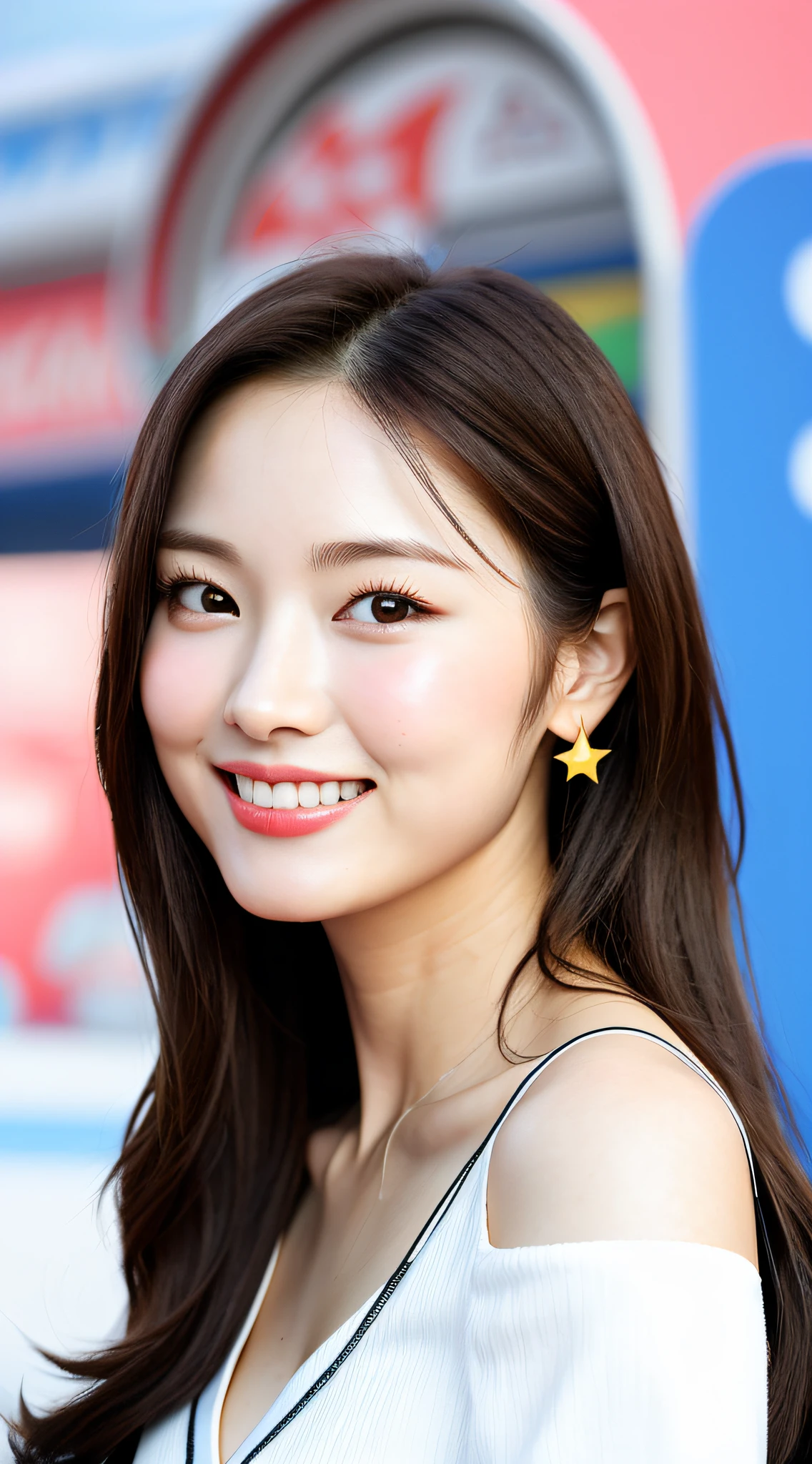 realistic photos of 1 cute Korean star female Shoulder-length hair, thin makeup, medium breasts size, slightly smile, v-neck top with cartoon pattern, in fun fair, clear facial features of Canon EOS, 16K high resolution, sharp and realistic details,