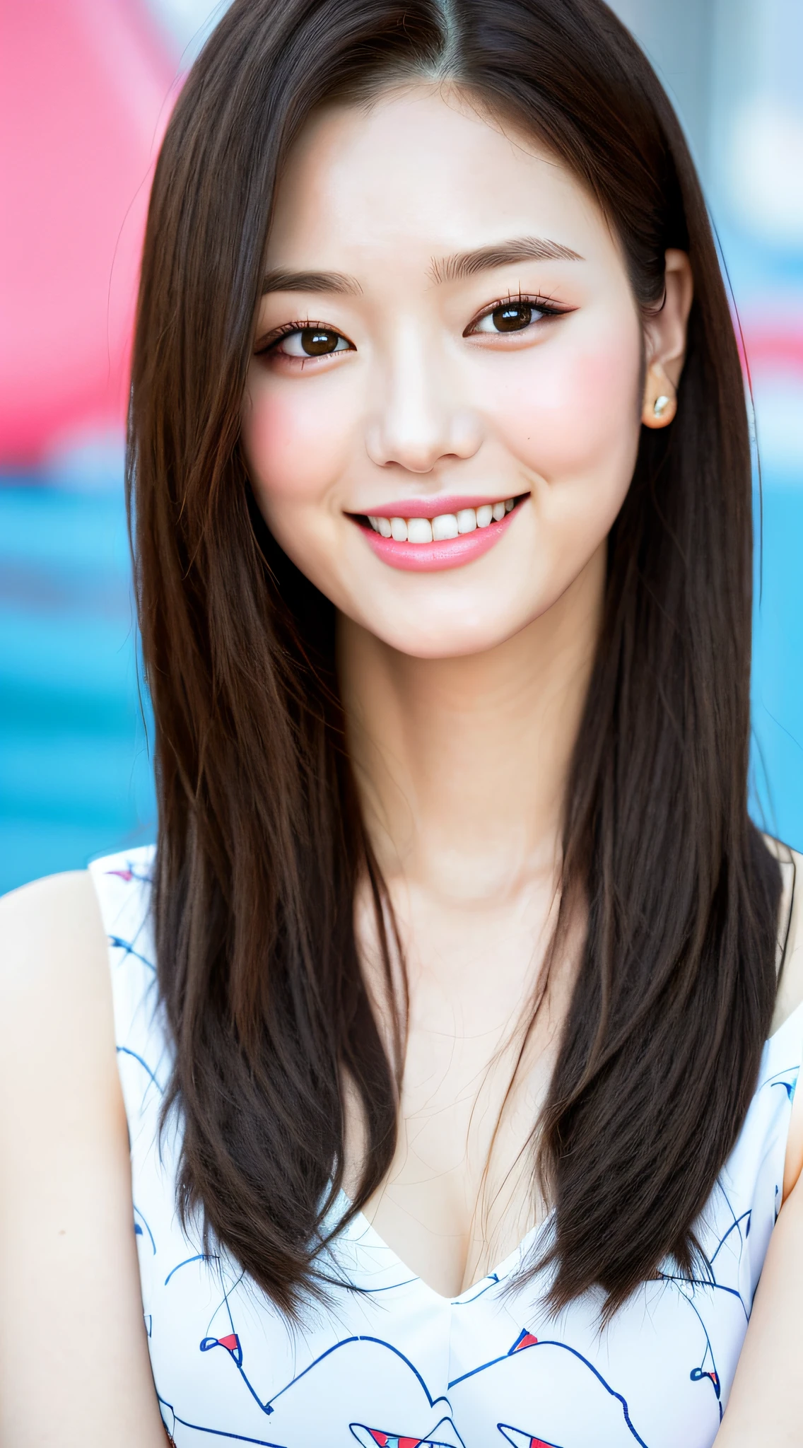 realistic photos of 1 cute Korean star female Shoulder-length hair, thin makeup, medium breasts size, slightly smile, v-neck top with cartoon pattern, in fun fair, clear facial features of Canon EOS, 16K high resolution, sharp and realistic details,