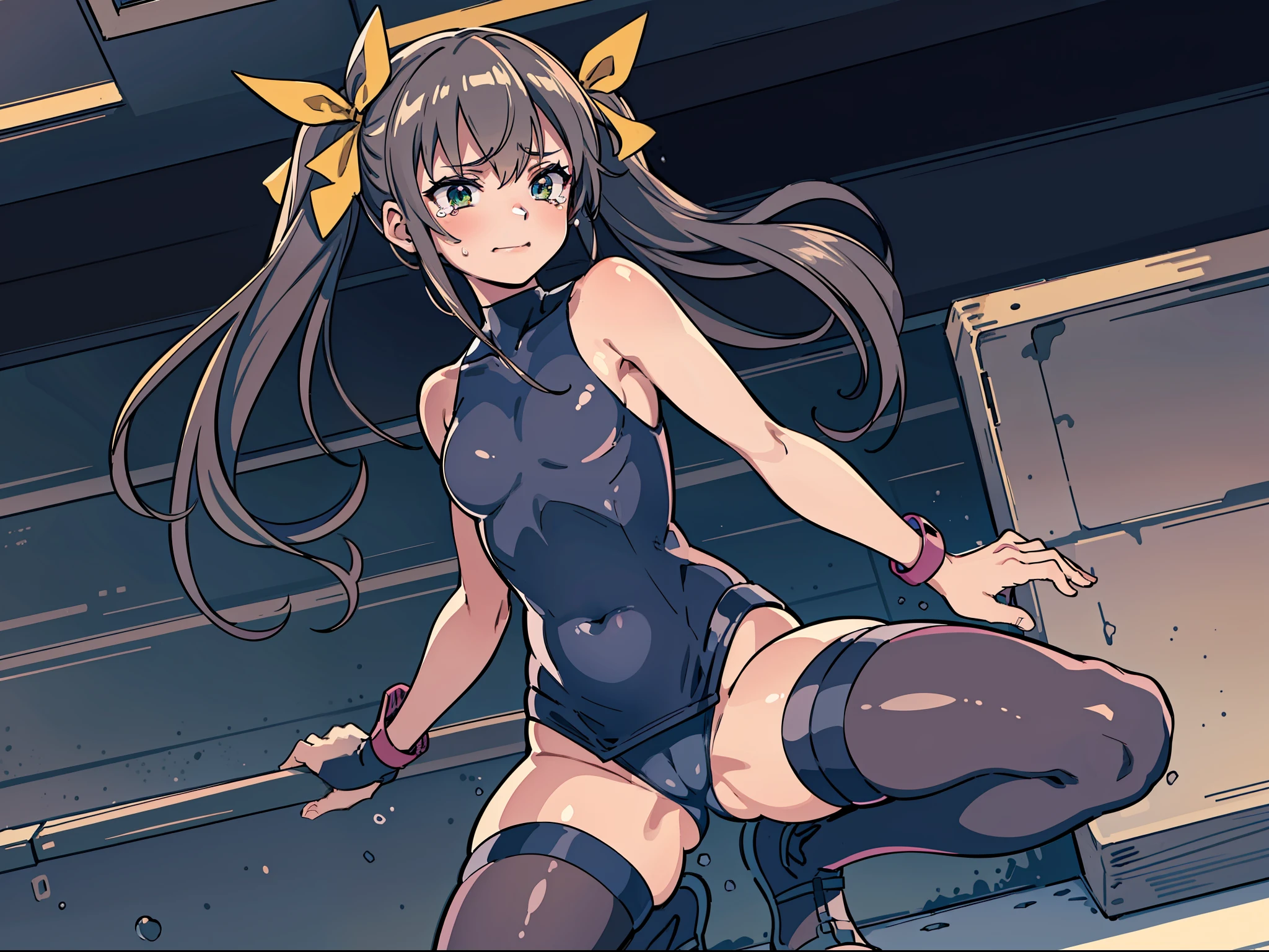(((masterpiece))), best quality, highly detailed, extremely detailed CG unity 8k wallpaper,illustration,sfw,safe for work,
sd1,solo, one female,1female,lingyinhuang, fang, yellow ribbon, hair ribbon,pink leotard, pilot suit, halterneck, covered navel, bare shoulders, pink thigh highs,dark green eyes, wet body,bondage,bdsm, tied,tied up,rope, hands are bound,
sexy pose,extreme close-up to toes,close-up to leg,angle from below,open legs, spread legs,suffering,tears,crying,suffering face,
indoor, grey background, dark background, wet, lab, night, dark.pipe, machine,spotlight