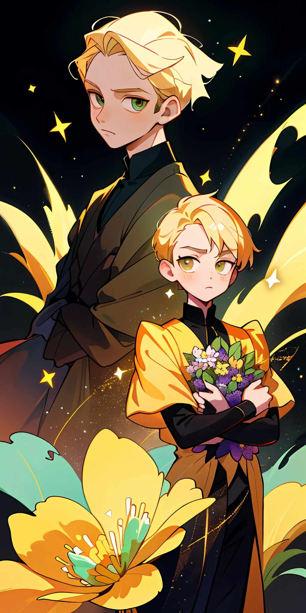 (best quality, masterpiece), 2 boys, galaxy, glitter, dress, particle, wind, flower, upper body, simple dark background, looking at viewer, blonde,