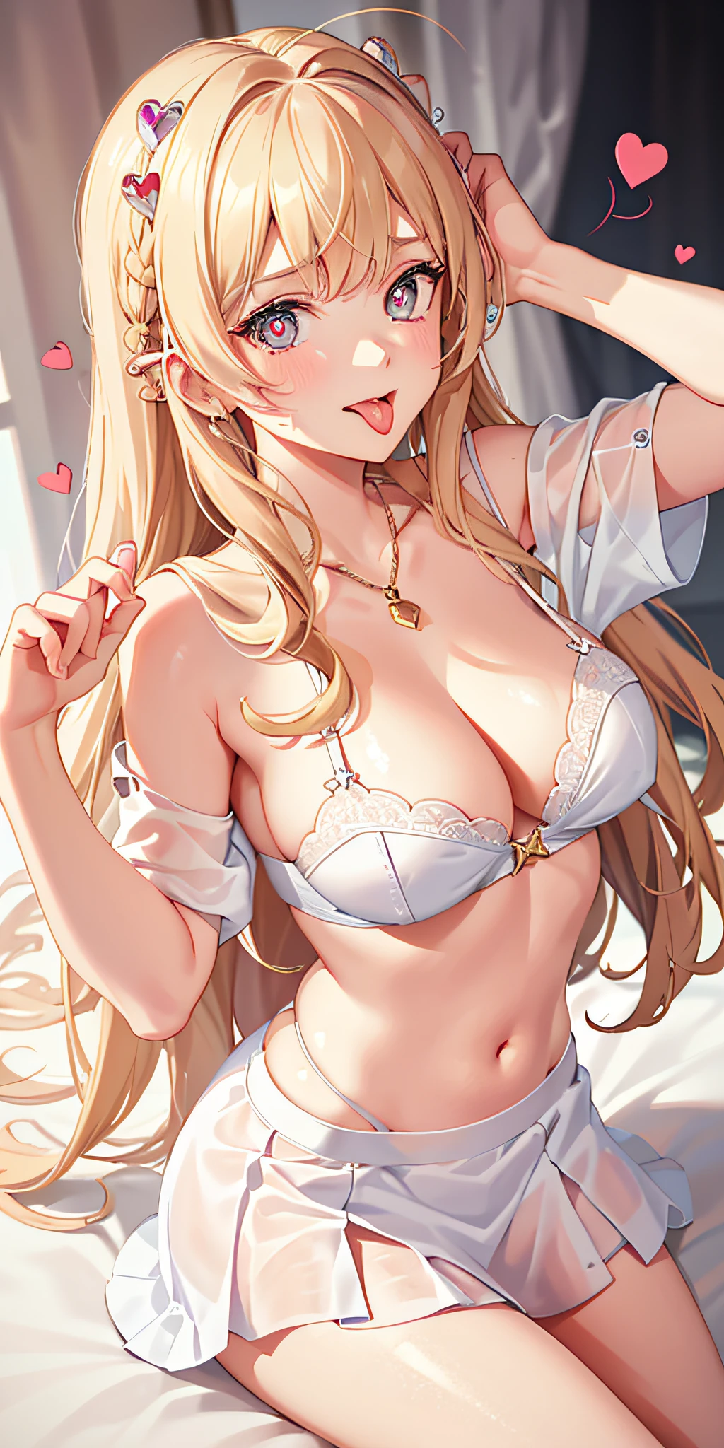 (Masterpiece: 1.4), (Best quality: 1.4), 8K, HD, ultra clear,1girl,(big breasts:1.4),blond hair,(Heart-shaped pupil:1.3),(Tongue out:1.2),scared:1.3,(cry:1.3),princess,Bare abdomen,White lace underwear,Skirt,(Looking up),night,bedroom,necklace,Messy clothes,long hair