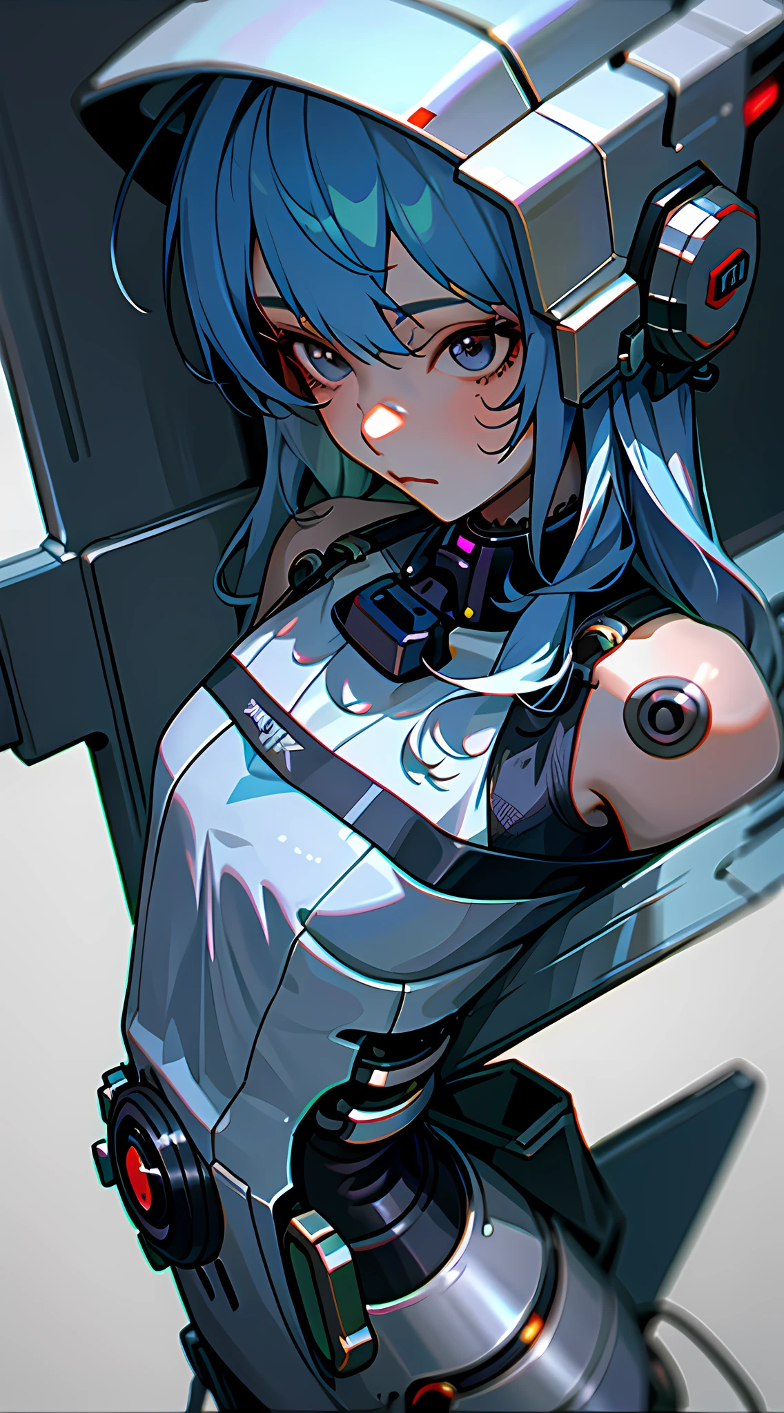 (masterpiece), (close-up), best quality, [Hoshimachi Suisei], (prosthetic body, white), cybernetic, cyberpunk, hospital, 1girl, pistons, thin, slim, flat chest, dark,