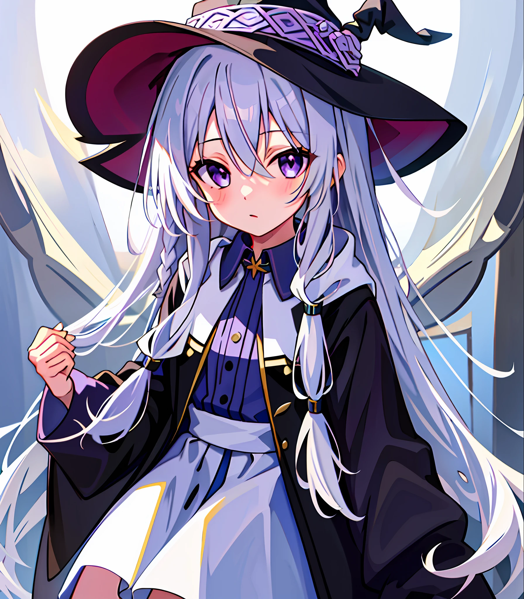 masterpiece, best quality, 1girl, elaina_(majo_no_tabitabi), silver hair, purple eyes, long hair, hat