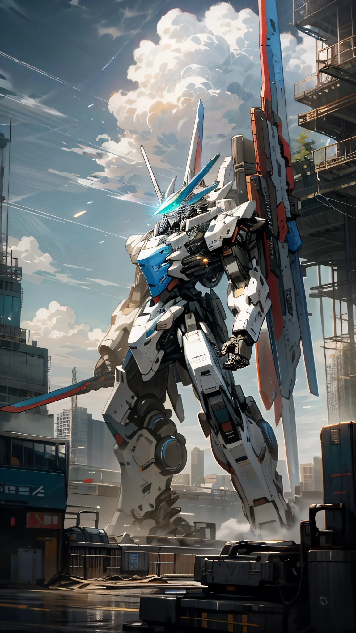 Sky, Clouds, holding_weapon, no_humans, Glow, Mecha, Architecture, Science Fiction, City, Reality --v6