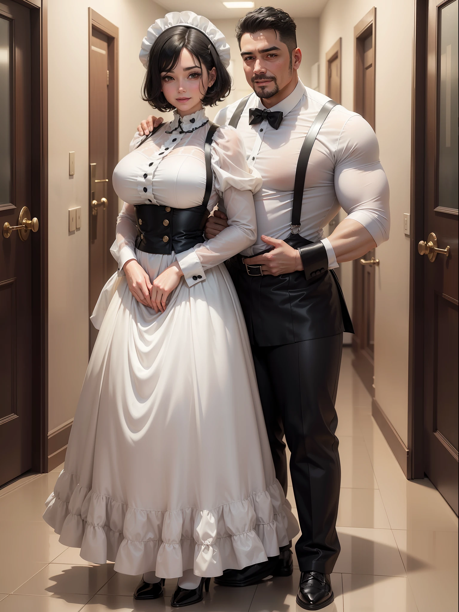 (Full body photo/standing/foot on the ground), ((Laura and Roberto)). Laura has huge breasts, (all black/part white/maid's outfit). Roberto is 90 years old/old/strong/muscular white hair and is holding Laura from behind. They are inside a hotel room. Laura has (short black hair, blue eyes), with red cheeks/smiling/whole wet body/wet hair/transparent clothing. Anime, Anime Style, 16k, best quality, high details, UHD, masterpiece