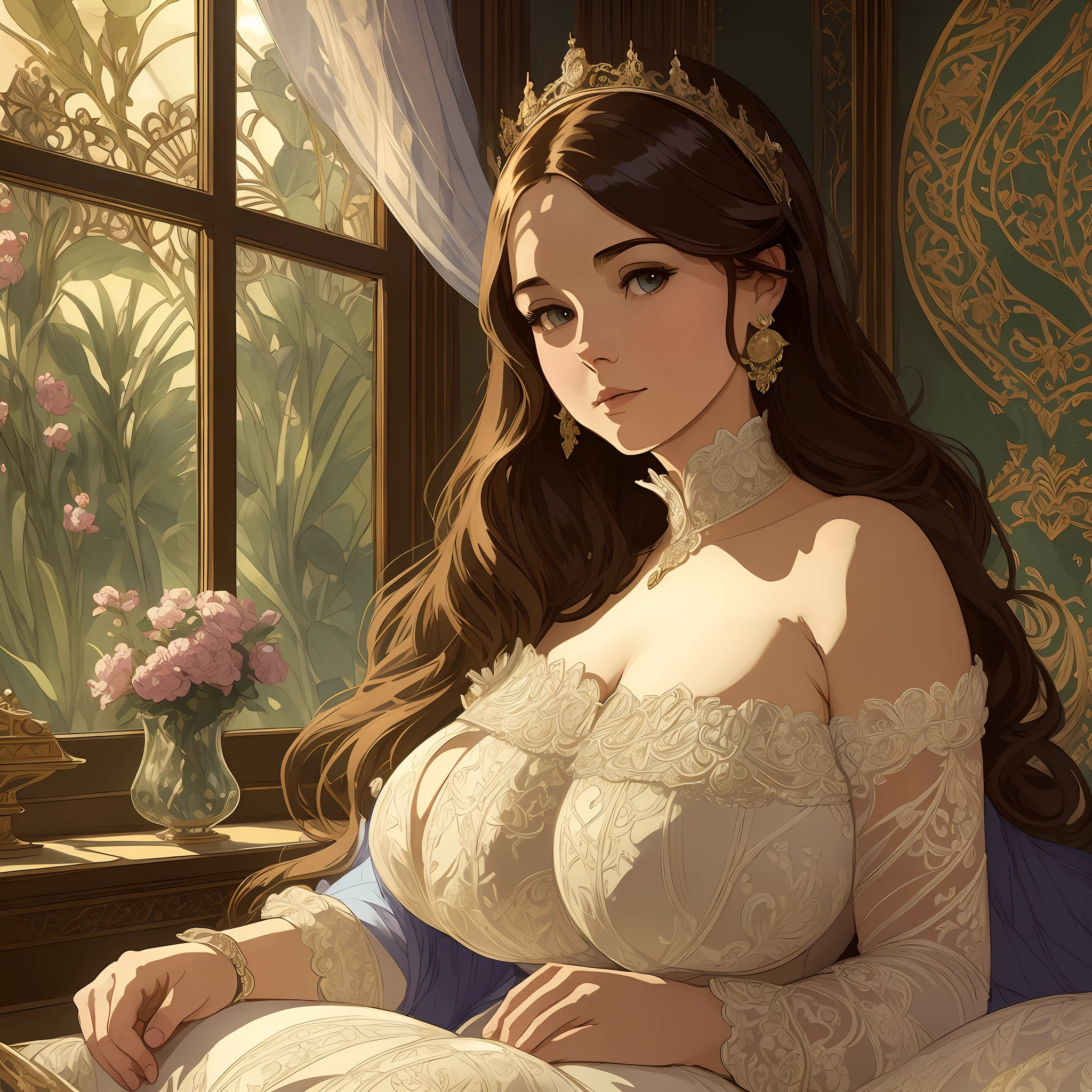 Gorgeous british dignified buxom widow in a royal bedroom, intricate tight dress, swollen massive breasts, sagging tits, victorian, flat lighting, intricate, highly detailed, digital painting, artstation concept art, smooth, sharp focus, illustration, by Studio Ghibli, by Alphons Mucha, by WLOP, trending on Artstation --auto --s2
