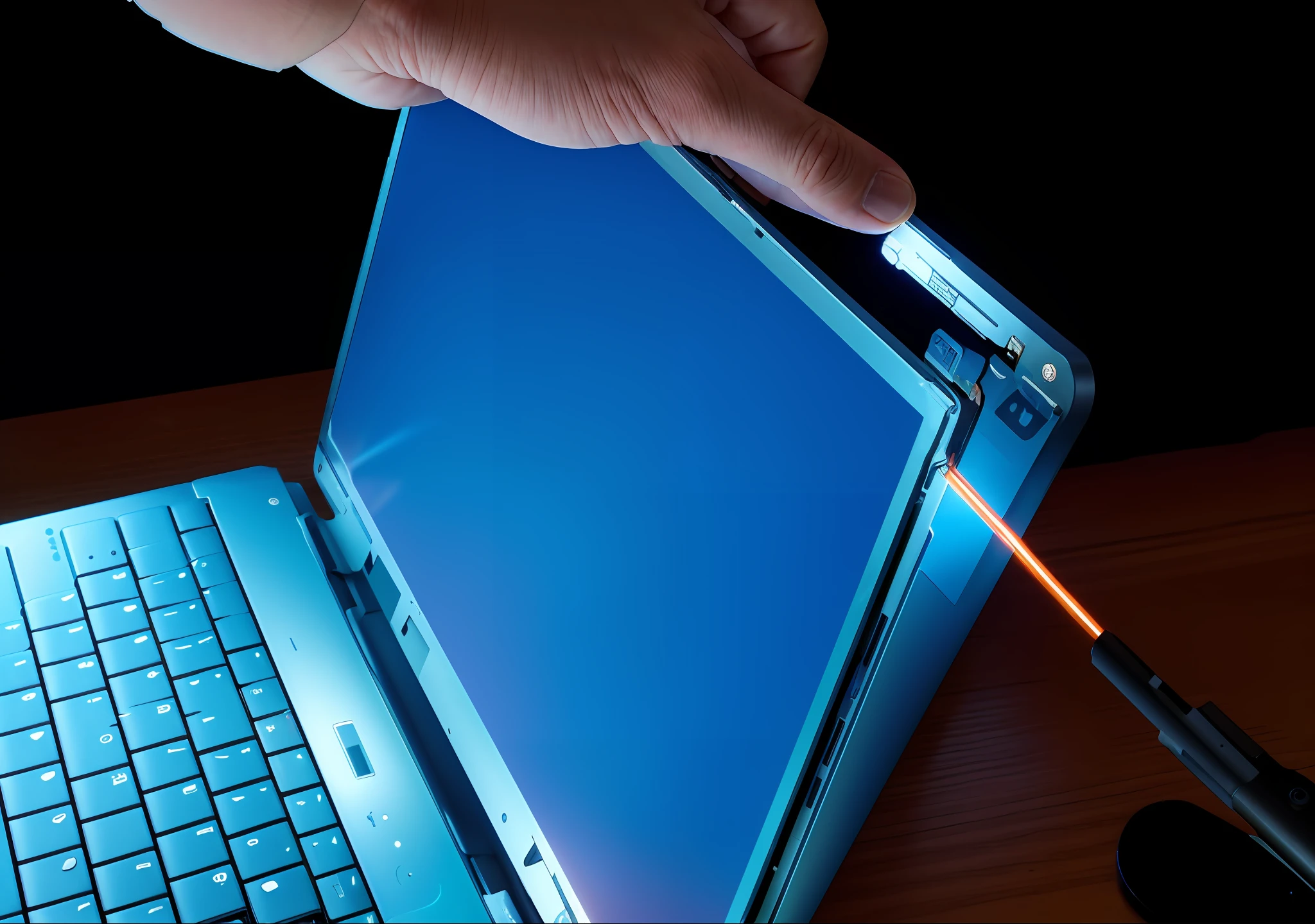 someone is removing the screen from the laptop with a plastic pen, broken laptop screen, disassemble the computer, laptop, lcd screen, diy, repairing the other one, everything fits on the screen, remove, laptops, computer, large screen, holding glowing laptop computer, maintenance photo, screen melting, professionally assembled, sharply detailed, maintenance, digital photo