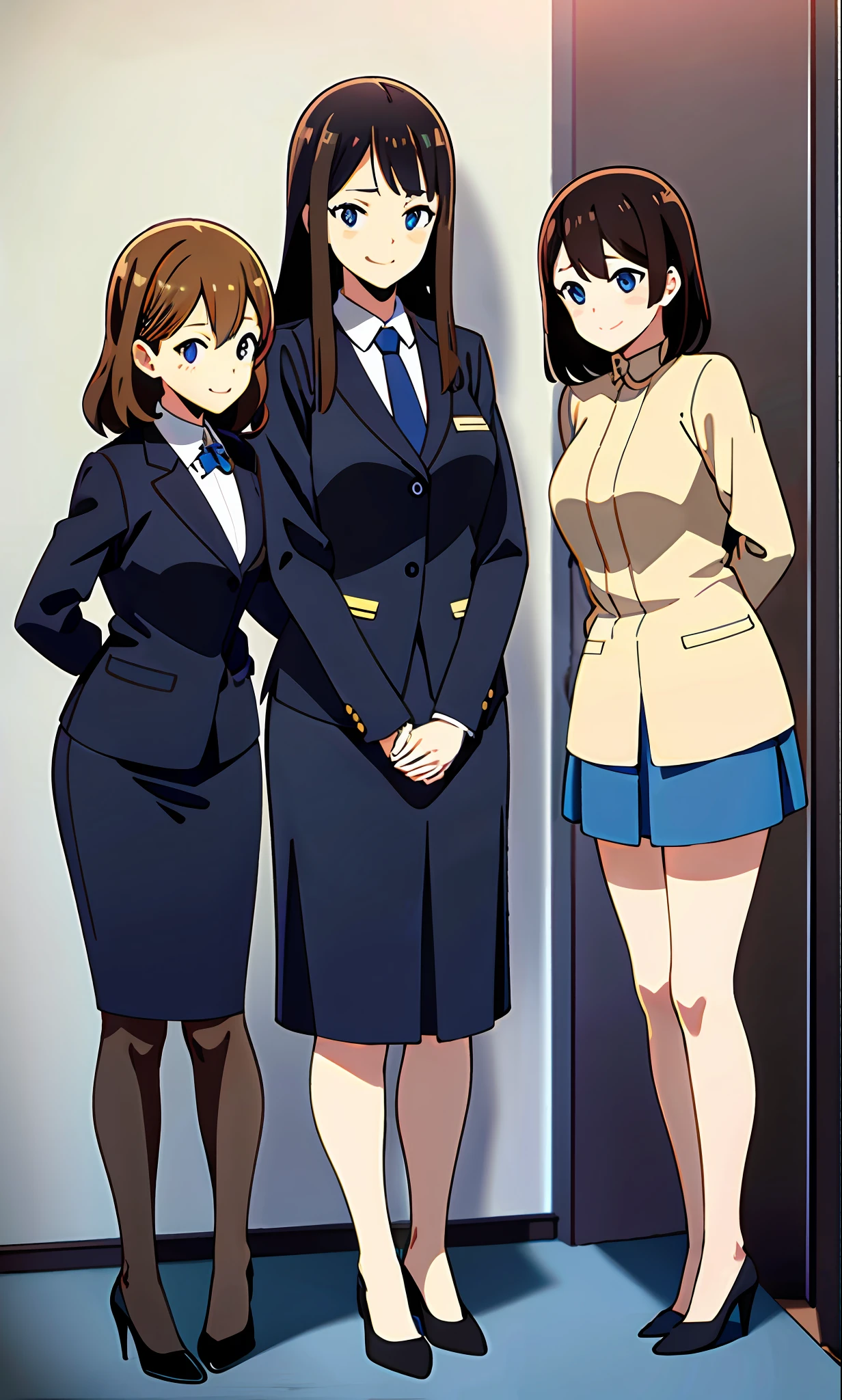 perfect anime illustration, brown hair, wavy hair, hazel eyes, smiling, blue skirt suit, black high heels, businesswoman, highres, full body, 3girls, identical sisters, matching outfits, matching hairstyles, matching faces, bare legs, group photo