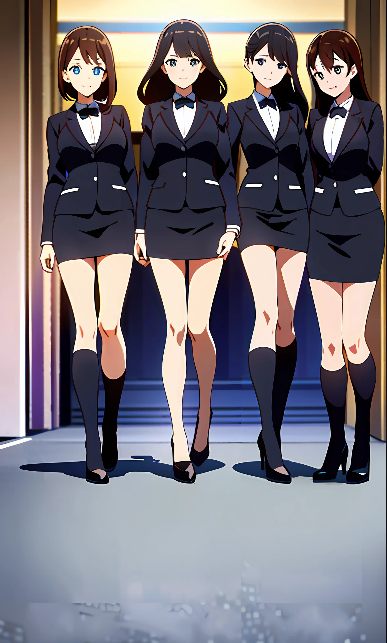 perfect anime illustration, brown hair, wavy hair, hazel eyes, smiling, blue skirt suit, black high heels, businesswoman, highres, full body, 3girls, identical sisters, matching outfits, matching hairstyles, matching faces, bare legs, group photo
