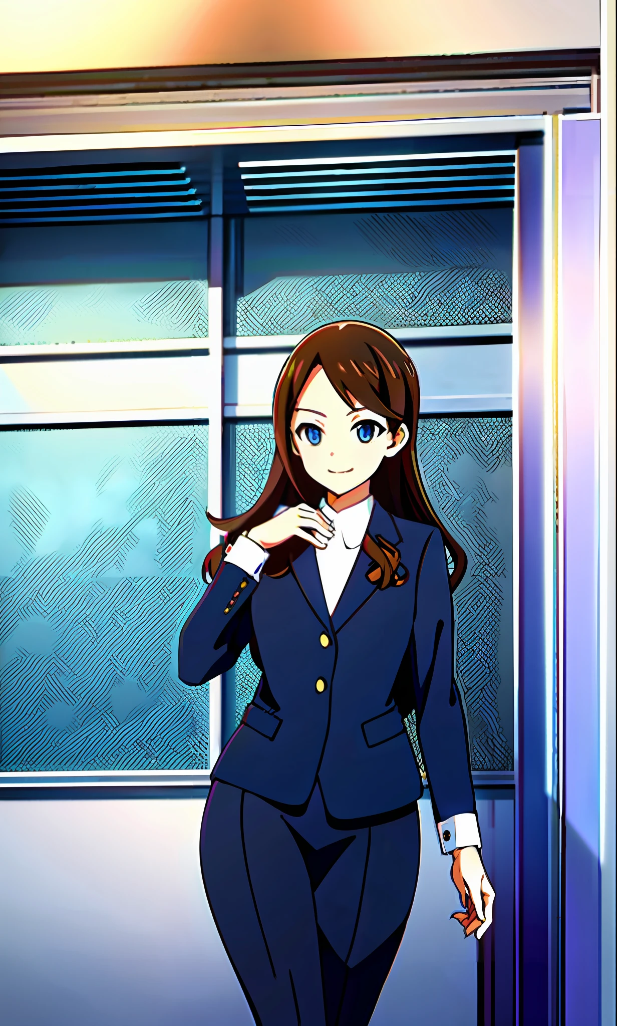 perfect anime illustration, brown hair, wavy hair, hazel eyes, smiling, blue skirt suit, black high heels, businesswoman, highres, full body, 3girls, identical sisters, matching outfits, matching hairstyles, matching faces, bare legs, group photo