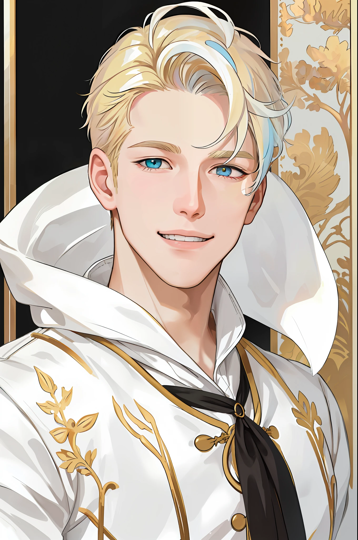masterpiece, best quality, realistic, 1man, mature man, muscular tall, handsome, smile, closed mouth, portrait, extremely detailed face, (short hair), (golden hair), (heterochromia in eyes)