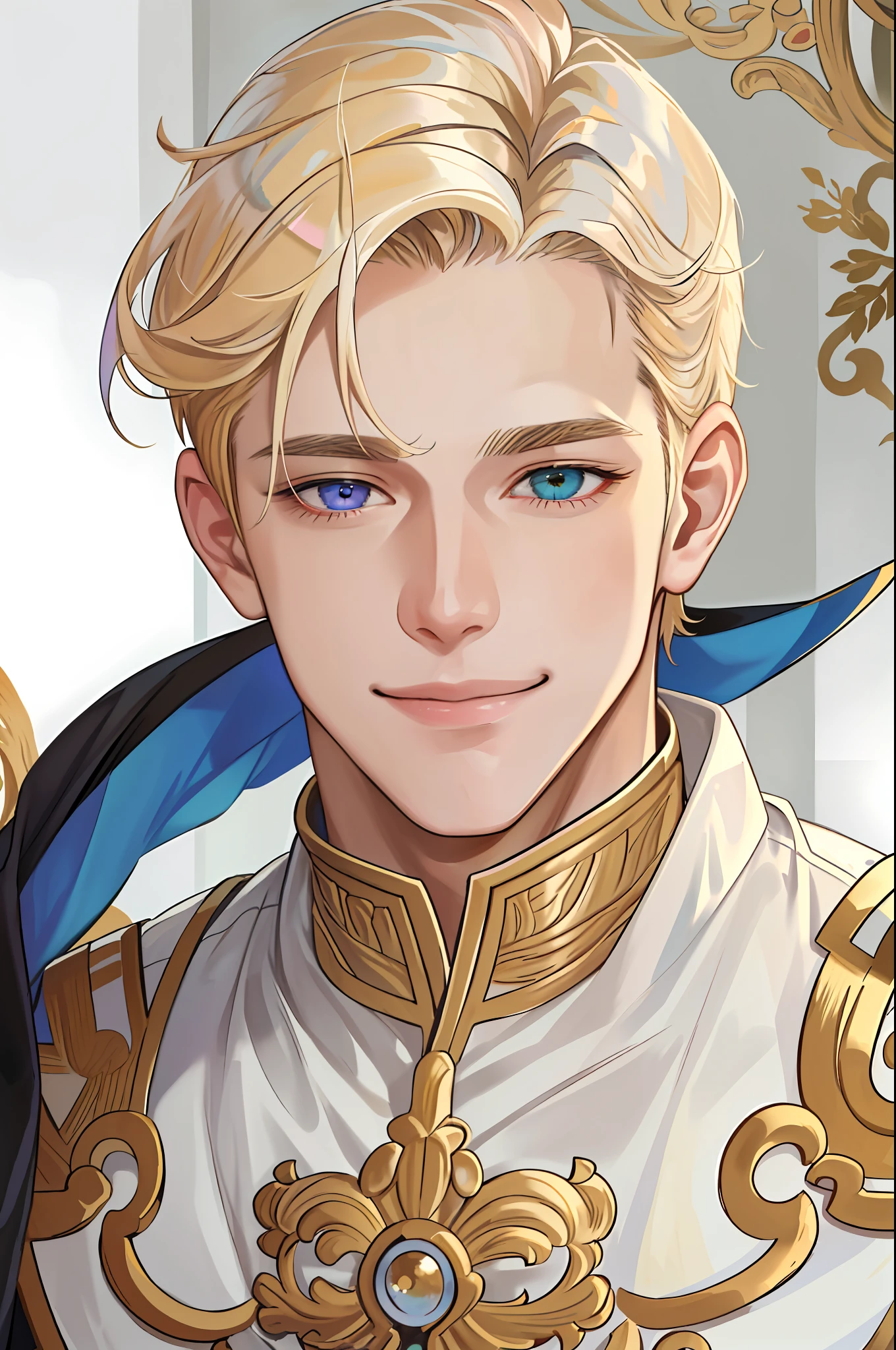 masterpiece, best quality, realistic, 1man, mature man, muscular tall, handsome, smile, closed mouth, portrait, extremely detailed face, (short hair), (golden hair), (heterochromia in eyes)