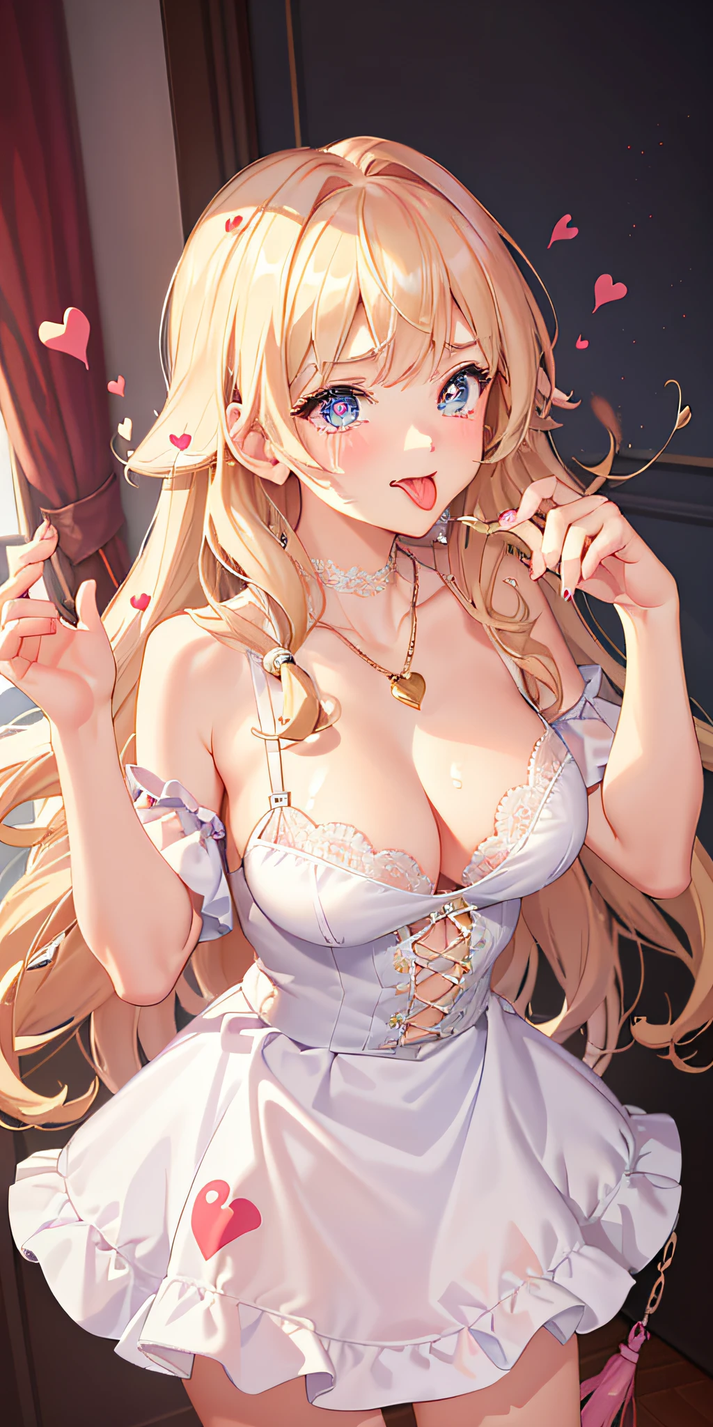 (Masterpiece: 1.4), (Best quality: 1.4), 8K, HD, ultra clear,1girl,(big breasts:1.4),long blond hair,(Heart-shaped pupil:1.3),(Tongue out:1.2),scared:1.3,(cry:1.4),Bare abdomen,White lace underwear,Skirt,(Looking up),Bedroom at night,necklace,Messy clothes