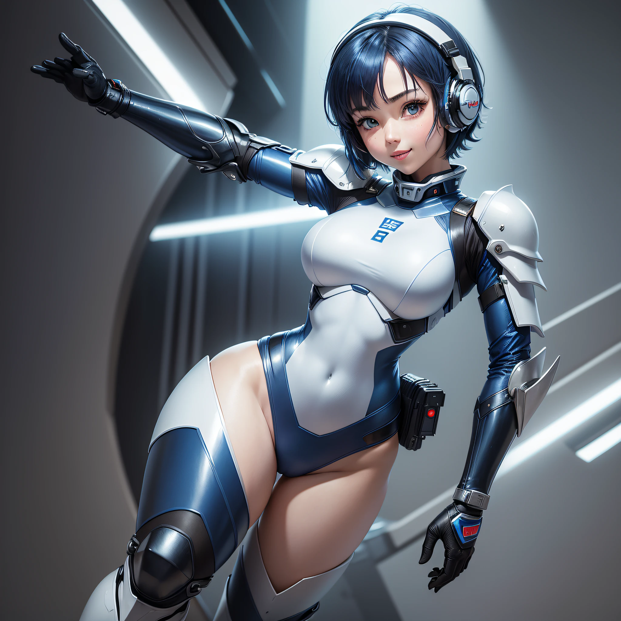 (masterpiece, highest quality, highest resolution, distinct_image, detailed details): (Solo, lone girl, face is Japan, blue haired girl, short hair, full body figure, sideways, small size breasts, sparkling blue color eyes, pilot suit of metallic tone white and blue, black color pilot suit, tight fit clothes, clothes that cover the whole body, beauty, cuteness, light smile, blush, slim body, Exoskeleton, white and blue and black metal armor, heroine, arm-length gloves, headset, knee boots)