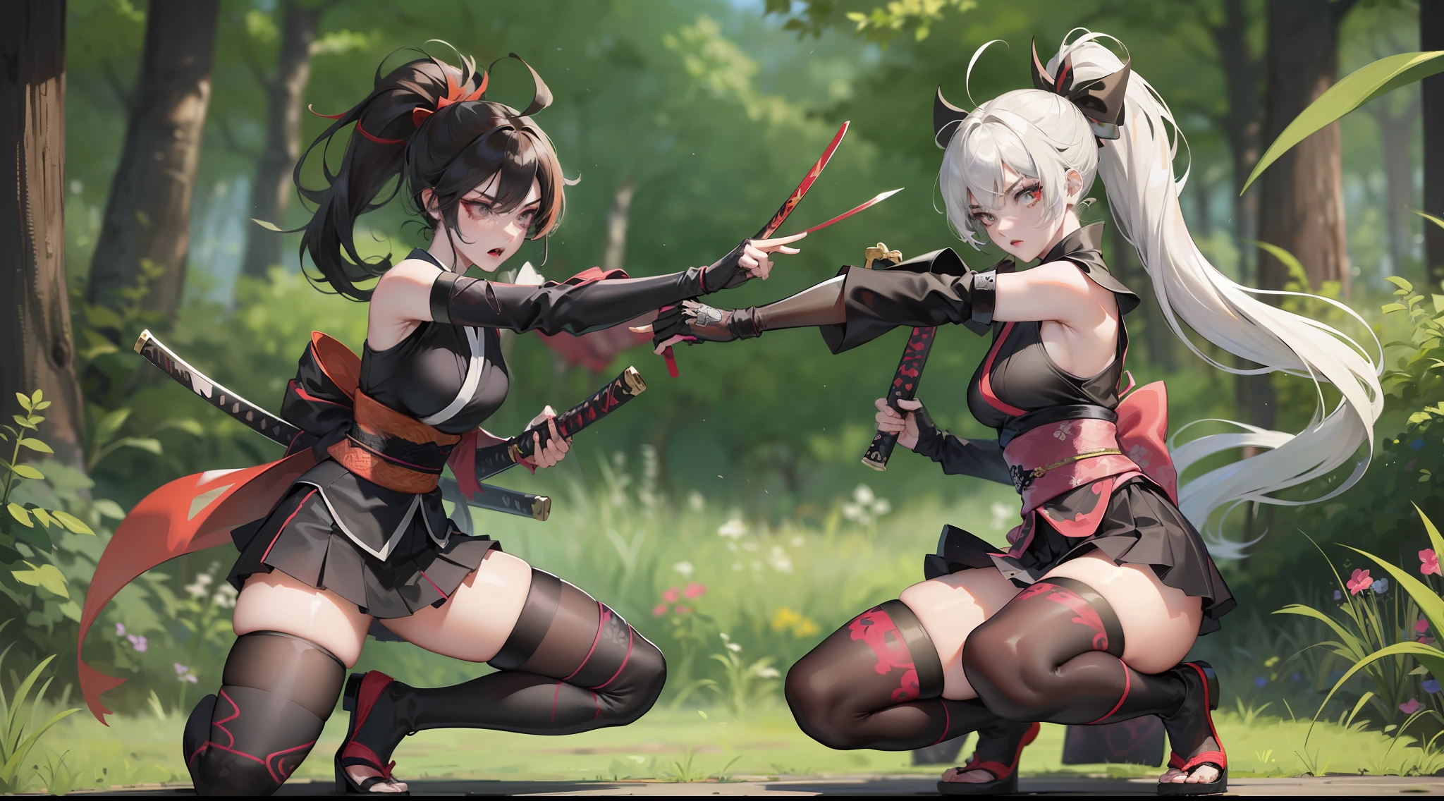 full body, two female ninja looking each other, fighting with katana, intense death match battle until one of them killed, different hairstyle, different expression, proper and detailed face, with correct anatomy. They are wearing safe for work, different pattern on short kimono, detached sleeves, long gloves, short skirt, thigh high, and shoes. Setting at lush forest.