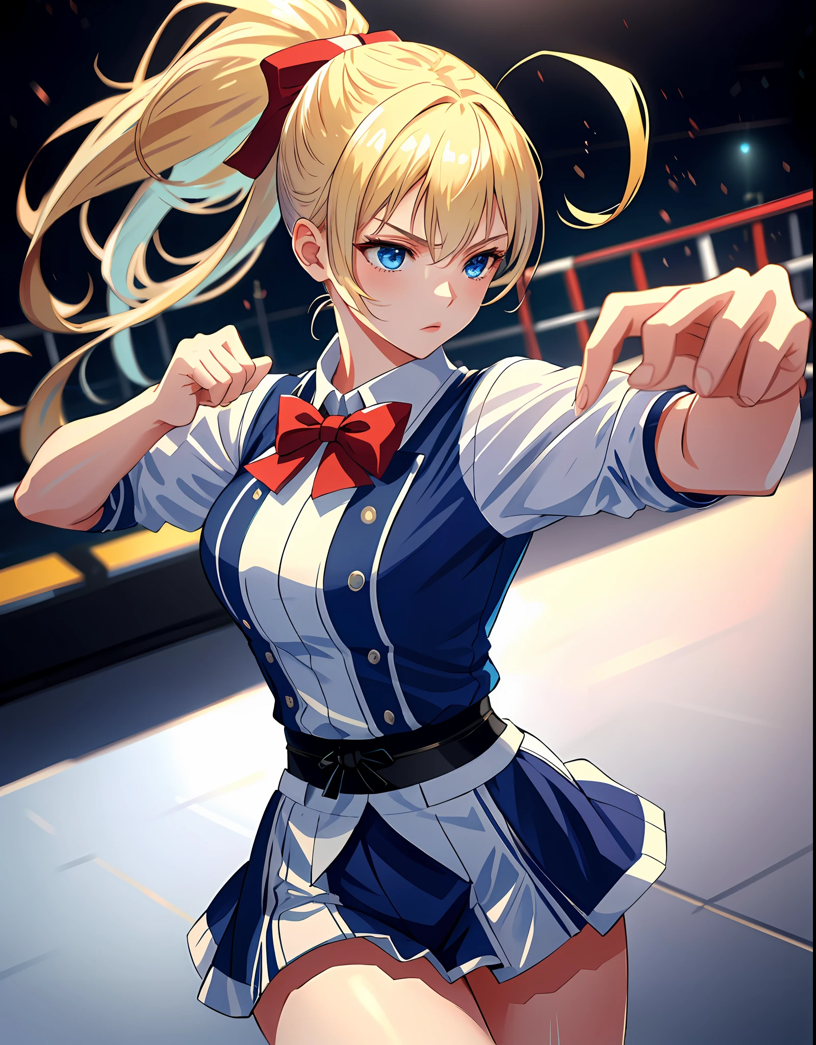 masterpiece, ultra high quality CG, best quality, perfect picture, solo, lidia sobieska (tekken, blond hair with high ponytail, blue eyes, bow, strong), karate pose, wearing a sexy karate outfit, in a fighting stadium, depth of field, highly detailed background