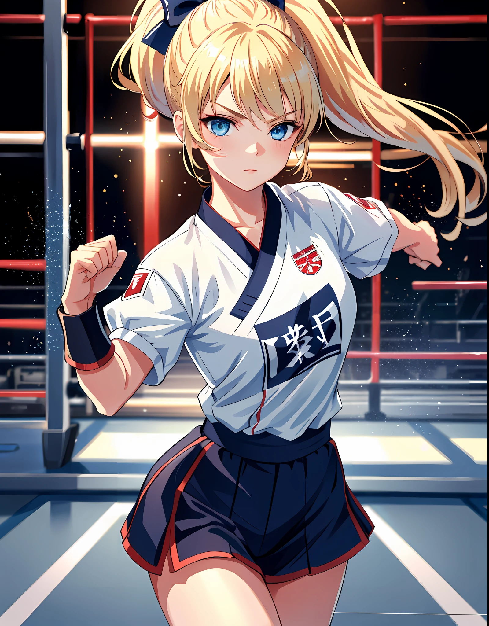 masterpiece, ultra high quality CG, best quality, perfect picture, solo, lidia sobieska (tekken, blond hair with high ponytail, blue eyes, bow, strong), karate pose, wearing a sexy karate outfit, in a fighting stadium, depth of field, highly detailed background
