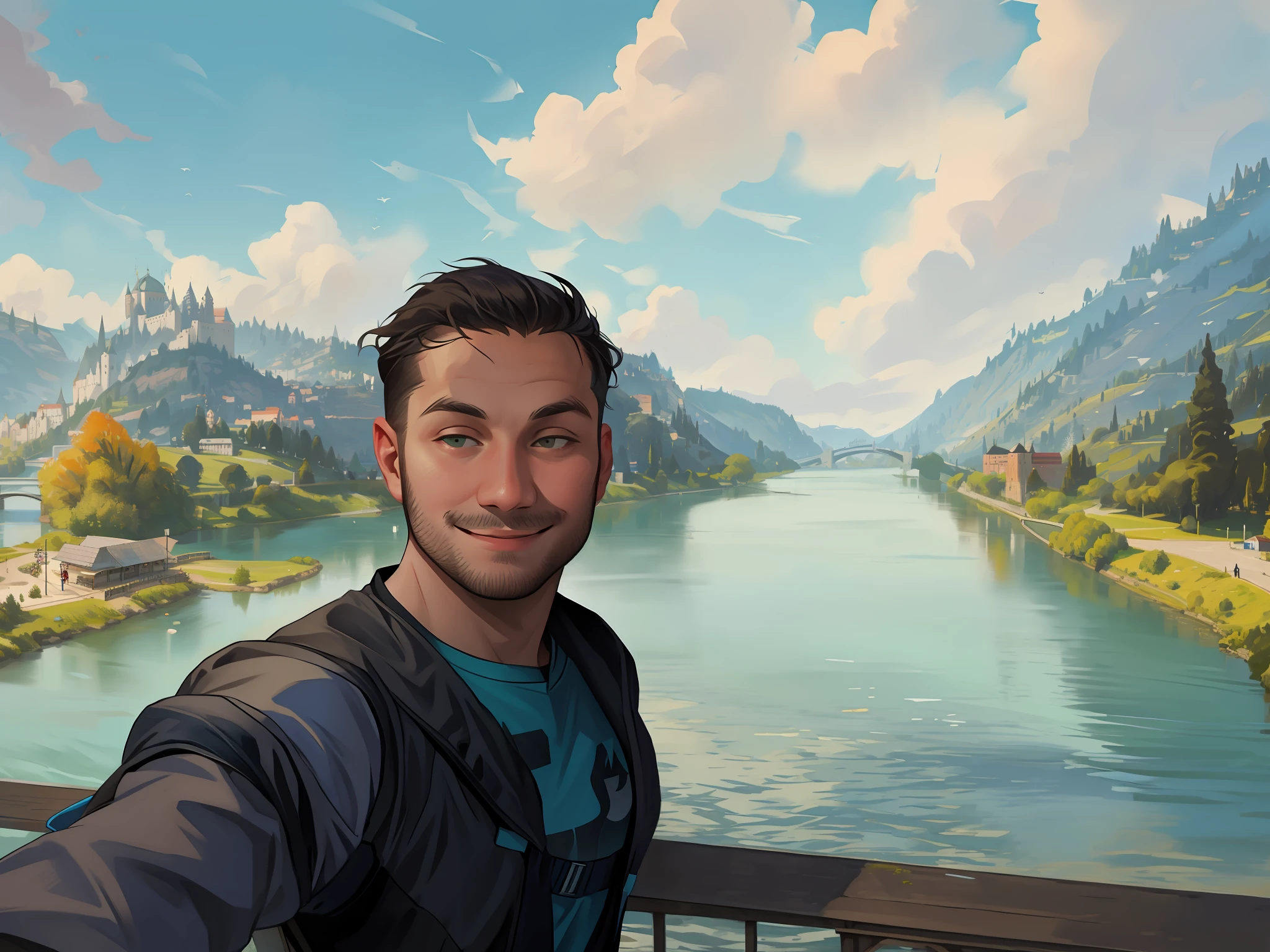 there is a man taking a selfie on a bridge over a river, river in the background, twitch streamer / gamer ludwig, pewdiepie selfie at a bridge, lake in the background, michal, photo taken in 2 0 2 0, he is! about 3 0 years old, andrei riabovitchevy, in sunny weather, 8k selfie photograph, nikolay