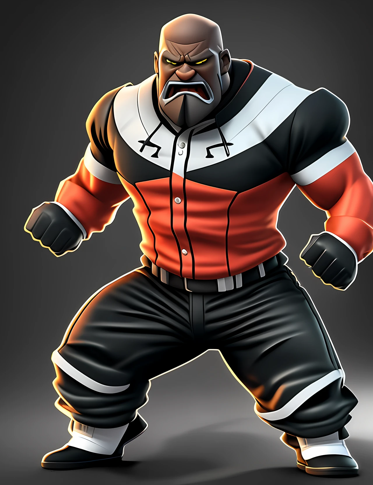 Create a 3D 8K cartoon of an angry, full-body, well-muscled old man with crusador arms and a black baseball player's jacket and cap on his head. Make sure the resulting image has a cartoonish look, with vibrant colors and soft edges. Add details to give the old man an angry look, like furrowed brows and a tight mouth. Make sure that the black shirt striped with white is an important element of the image, and add details to make it attractive and interesting. Add textures and details to make the image more realistic, such as the appearance of the shirt's texture and the appearance of the skin. Make sure the resulting image is high resolution, 8K quality." --auto --s2