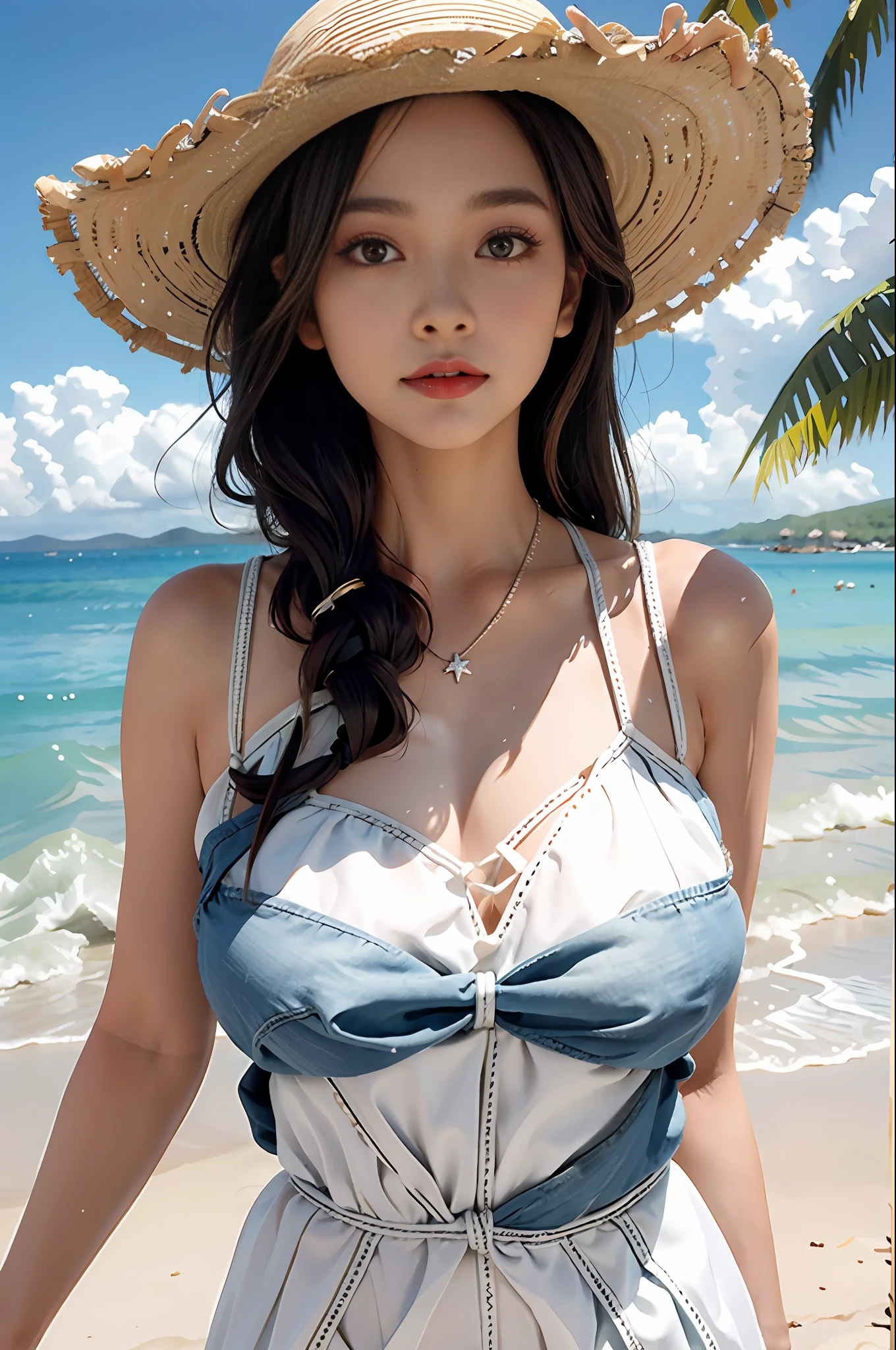 (masterpiece:1.2, best quality), (1lady, solo, upper body:1.2), Clothing: white flowy maxi dress, wide-brimmed hat, strappy sandals, Accessories: shell necklace, Hair: loose beach waves, Makeup: natural, glowing skin, Behavior: relaxed, carefree, free-spirited, Location: beach, resort, outdoor festival, red eyes, huge tits,