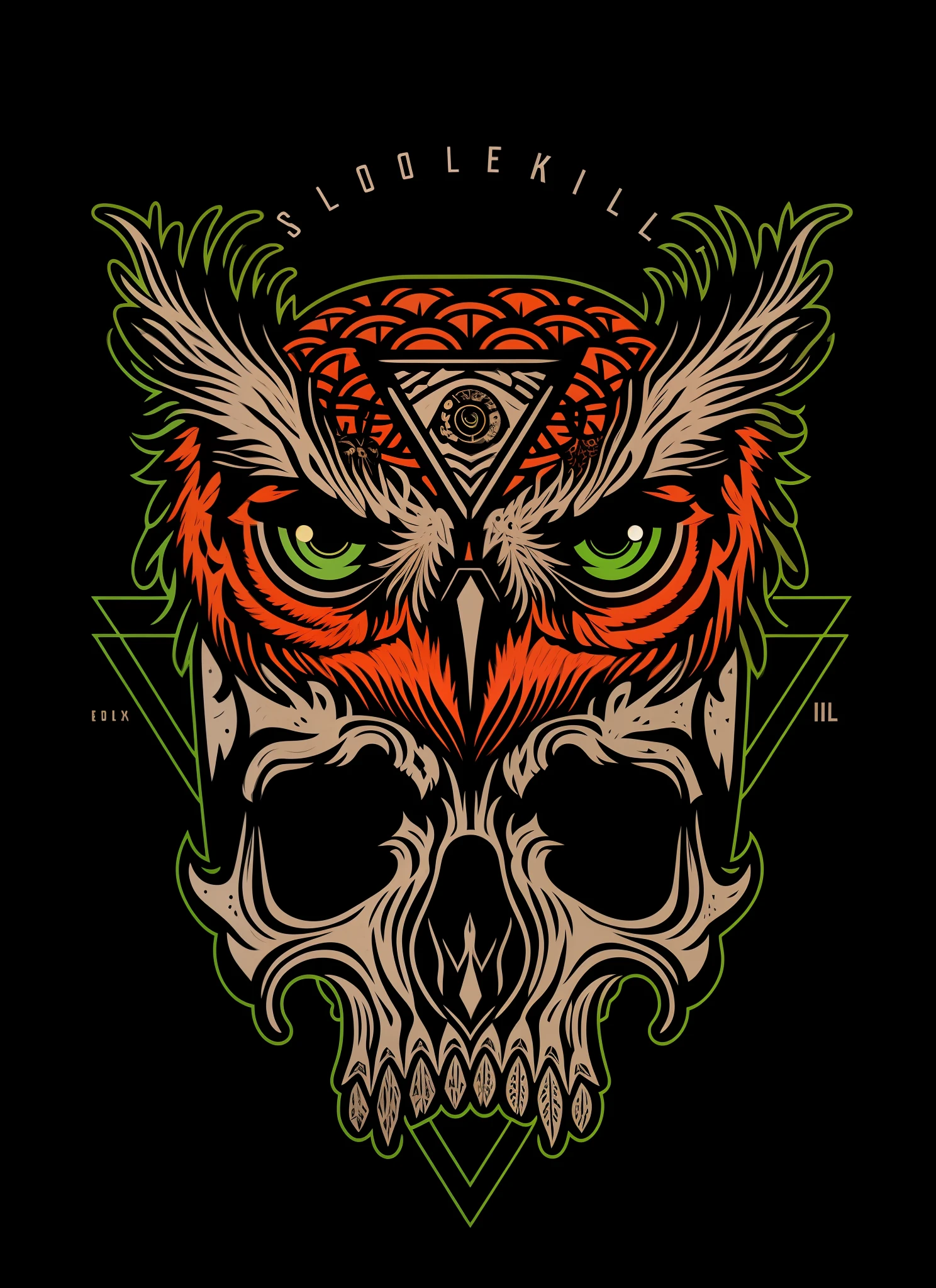 A closeup of an owl-headed skull, hydro74 style, skull design for a rock band, T-shirt design, alien owl, alex gray style, bright owl, dan mumford and alex grey style, heavy metal tshirt design, by Eddie Mendoza, lowbrow art style, dark art style, artstyle greg rutkowski,