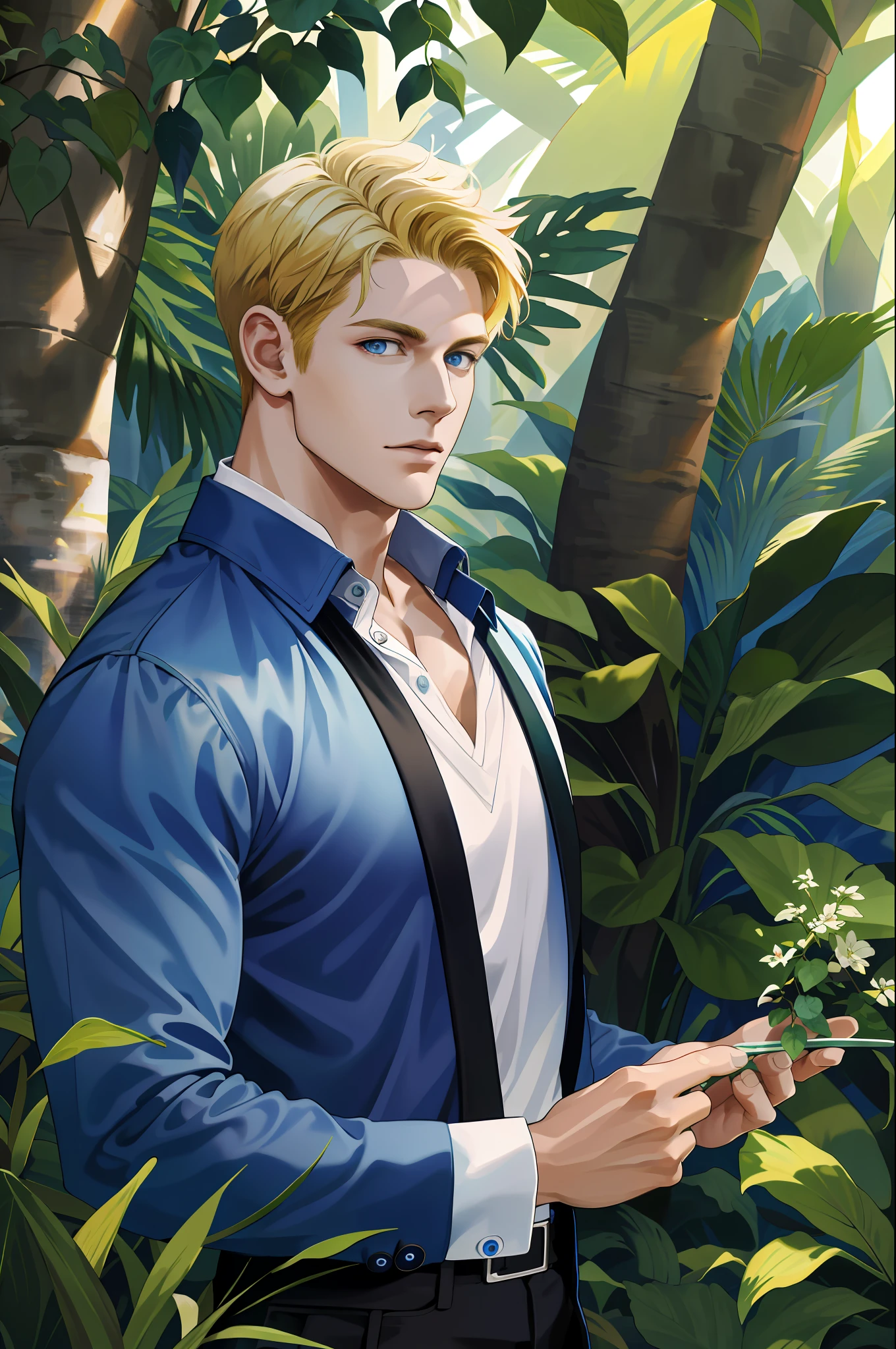 (absurdres, highres, ultra detailed), 1 male, solo, adult, (mature:1.4, aged up:1.4), tall muscular guy, broad shoulders, handsome, angular jaw, thick neck, BREAK, looking at viewer, short blonde hair, blue eyes, long sleeves, forest, trees full of greenery, fluttering leaves, natural light and shadow, Jungle exploration, lots of plants, depth of field, upper body, frontal,