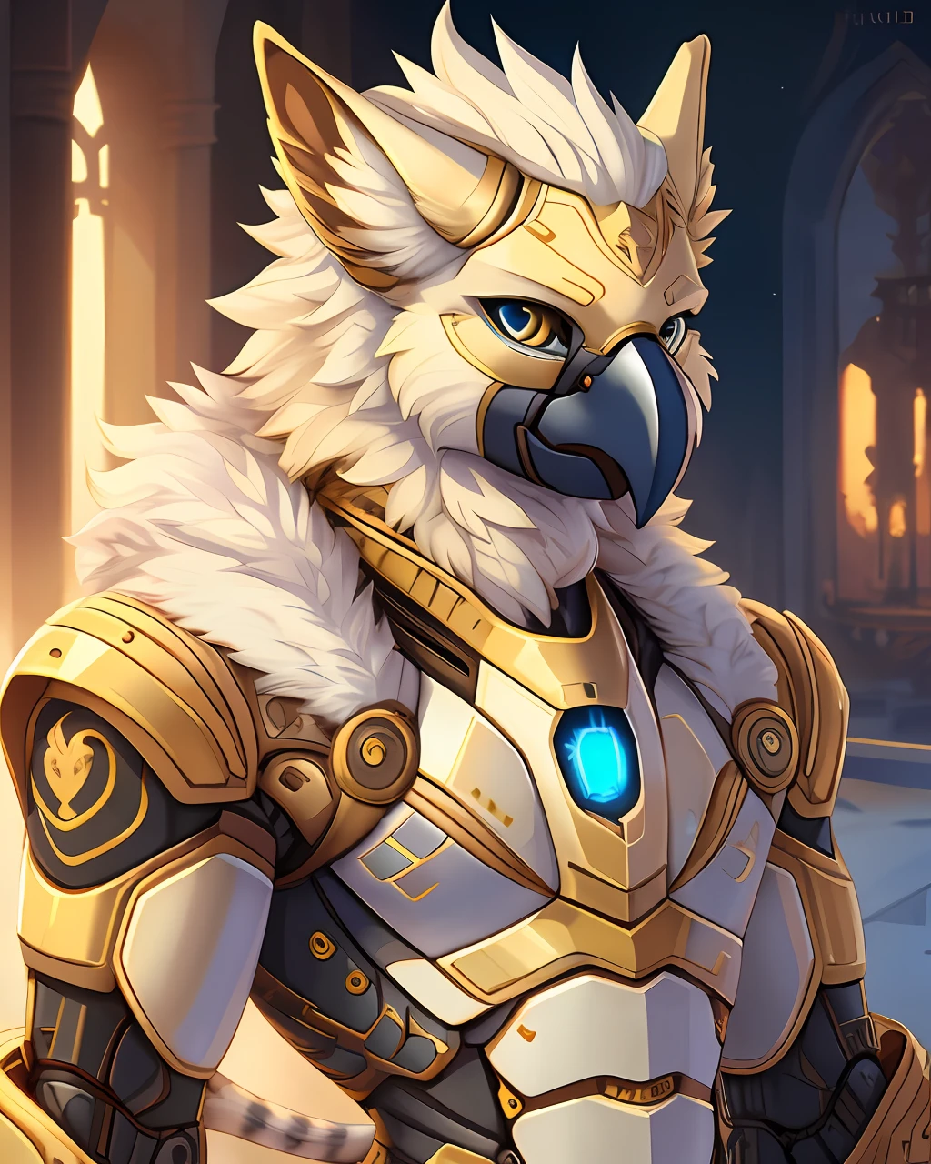 by fluff-kevlar, by vader-san, ivorygoldai, robotic anthro male (gryphon) solo, beak, best quality, (looking at viewer)