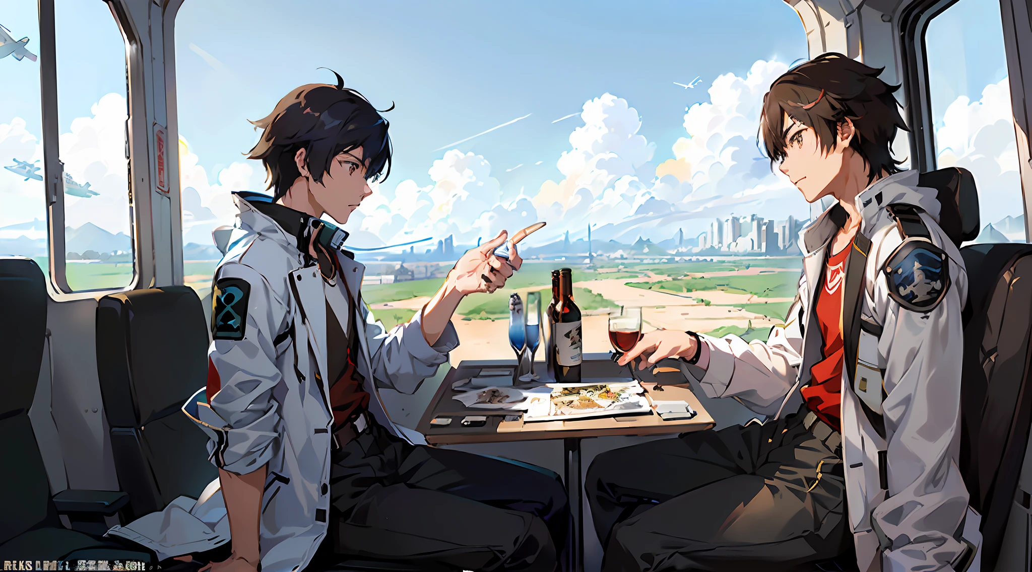 high quality anime art, two friends talking sitting on a plane, male focus, looking at each other, 2boys, (a young anime man(black hair, brown eyes, clothing(open white coat, red and black shirt), body(tall, thin, broad shoulders, little muscle)) and young anime man(brown hair, brown eyes, body(thin,  Little muscle, tall))) ,( Makoto Shinkai ( Apex Legends ), Moe Artstyle anime, Detailed digital anime art, Guweiz style art, Digital anime illustration, Kawacy, Makoto Shinkai art style, Makoto Shinkai style, Official art, Male anime style, Airplane window(blue sky, airplane wing, clouds), ultra detail, high resolution, profile, add_detail: 1
