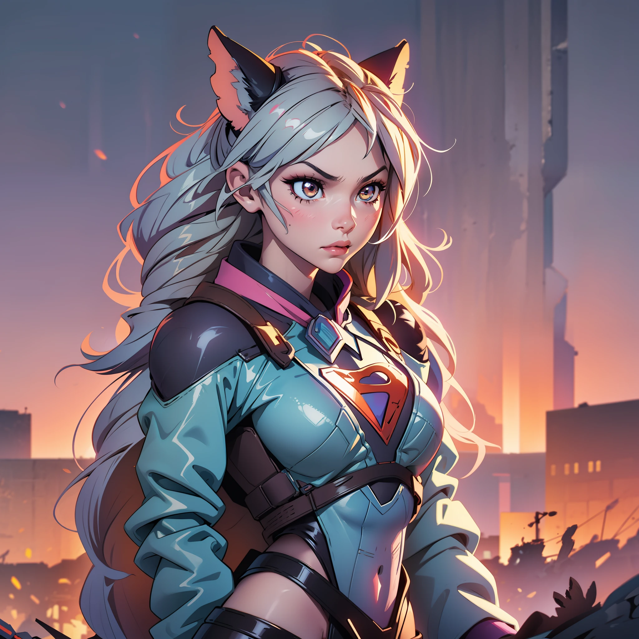 Female wolf, cute face, serious face, supergirl costume, standing, post apocalytic dessert, night time, colorful background, UHD, side lighting, ultra realistic, ray tracing, full body must be shown