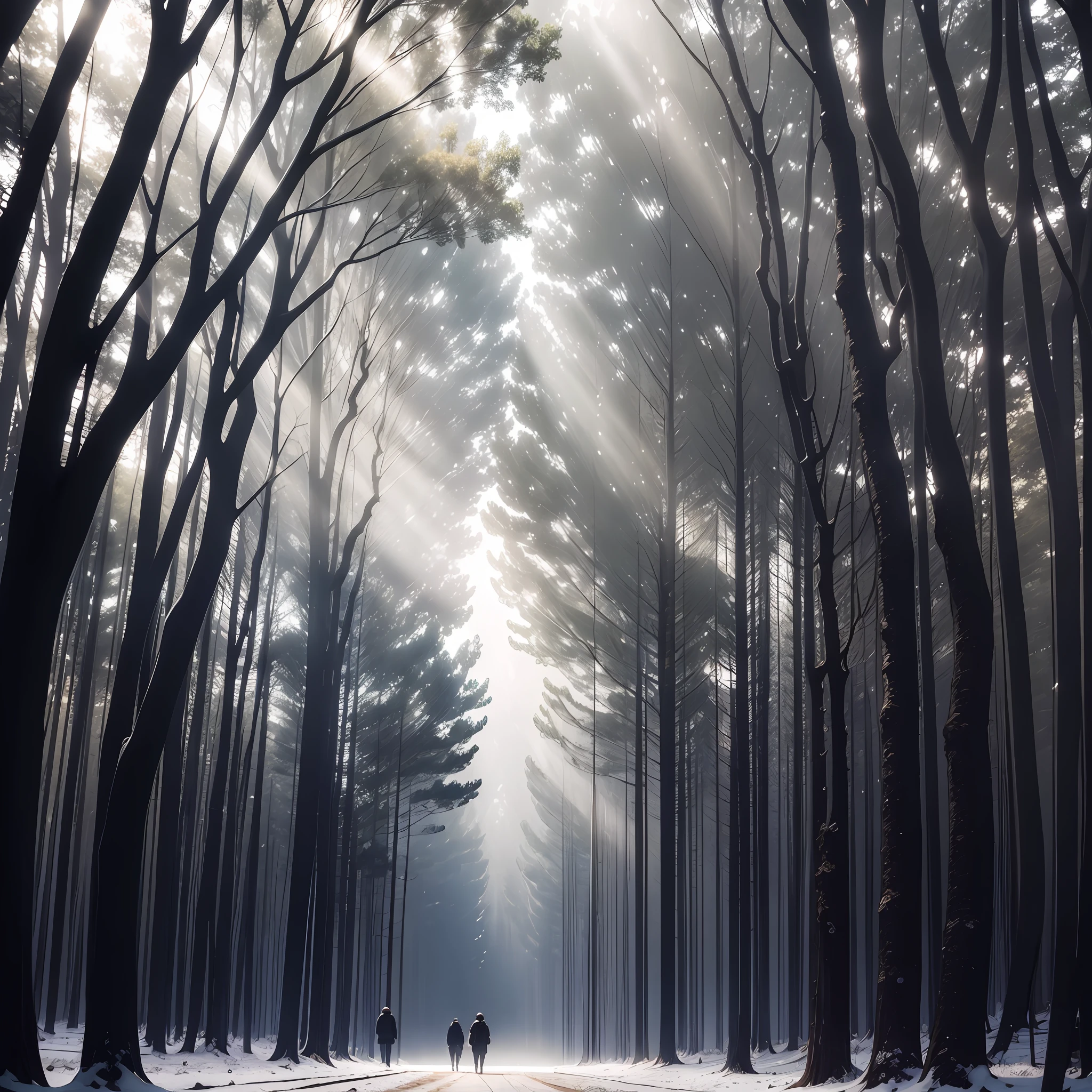 put a backpacking man on a grand path, highres, ultra detailed, (no human:1.3), BREAK , Create an image using a prism effect, with light refraction and creating a colorful and kaleidoscopic appearance. BREAK , Create an image with fisheye lens effect, capturing a wide field of view with a distinct and curved perspective. BREAK , Capture a path in the forest, with tall trees, speckled sunlight and a sense of tranquility and natural beauty. BREAK , Illustrate a monochromatic world, using only shades of black, white and gray to convey depth, emotion and a stunning visual impact. --auto --s2