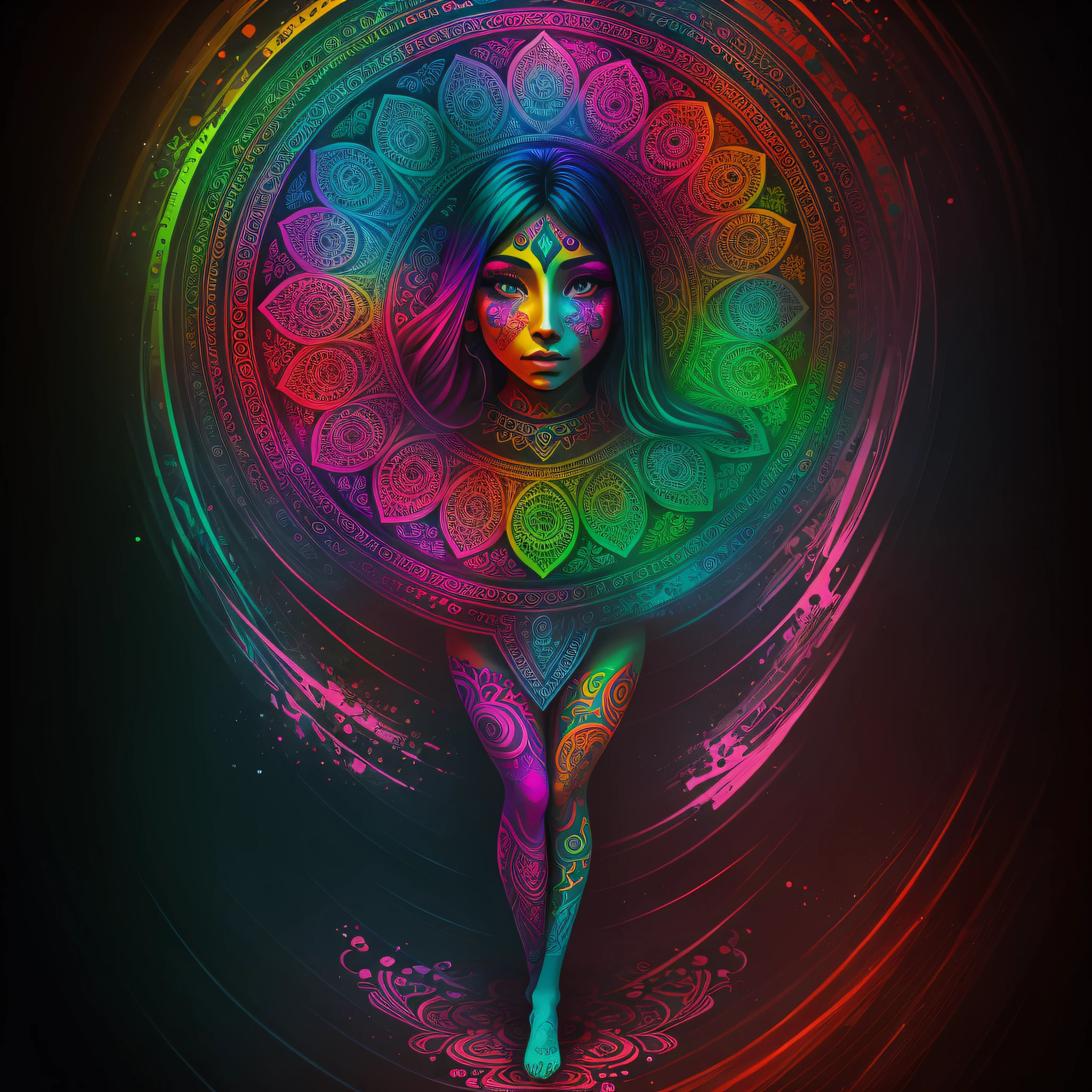 open-legged woman, saturated colors, psychedelic image, LSD, mandala, fractral, fantasy, tattoo, painted body --auto --s2