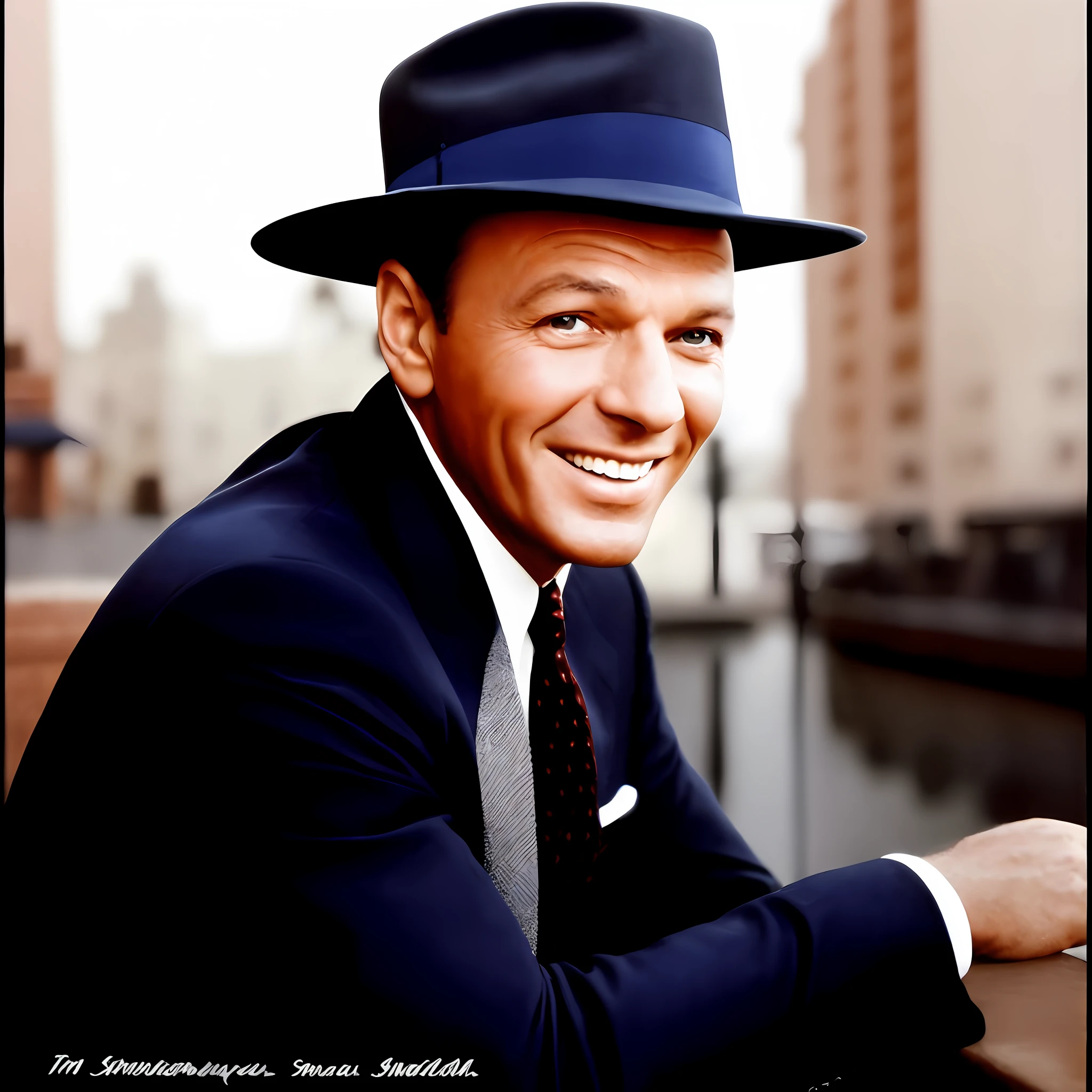 arafed man in a suit and tie smiling with a hat on, frank sinatra, a colorized photo, colorized, colourized, colorized photo, colorized photograph, by Howard Knotts, award winning colorized photo, (smoke), colorized photon, colorized background, with an elegant smile, [ digital art, restored color, inspired by George Bogart