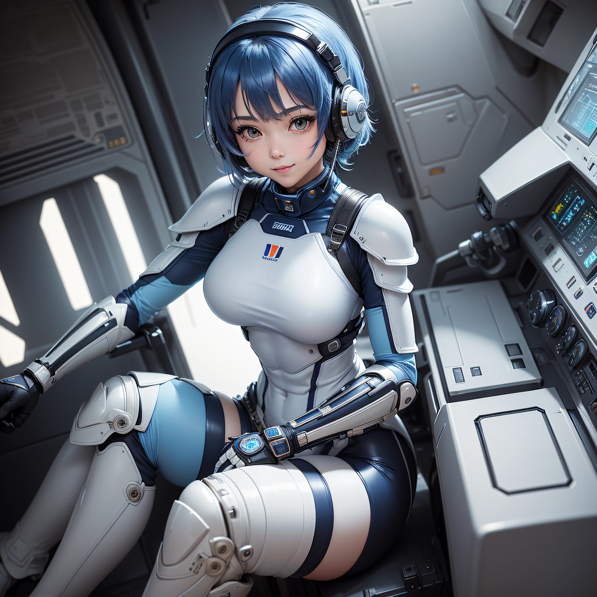 (masterpiece, highest quality, highest resolution, distinct_image, detailed details): (Solo, lone girl, face is Japan, blue haired girl, short hair, full body figure, sideways, small size breasts, sparkling blue color eyes, pilot suit of metallic tone white and blue, black color pilot suit, tight fit clothes, clothes that cover the whole body, beauty, cuteness, light smile, blush, slim body, Exoskeleton, white and blue and black metal armor, heroine, arm-length gloves, headset, knee boots, sitting in the cockpit, detailed cockpit, cheek cane)