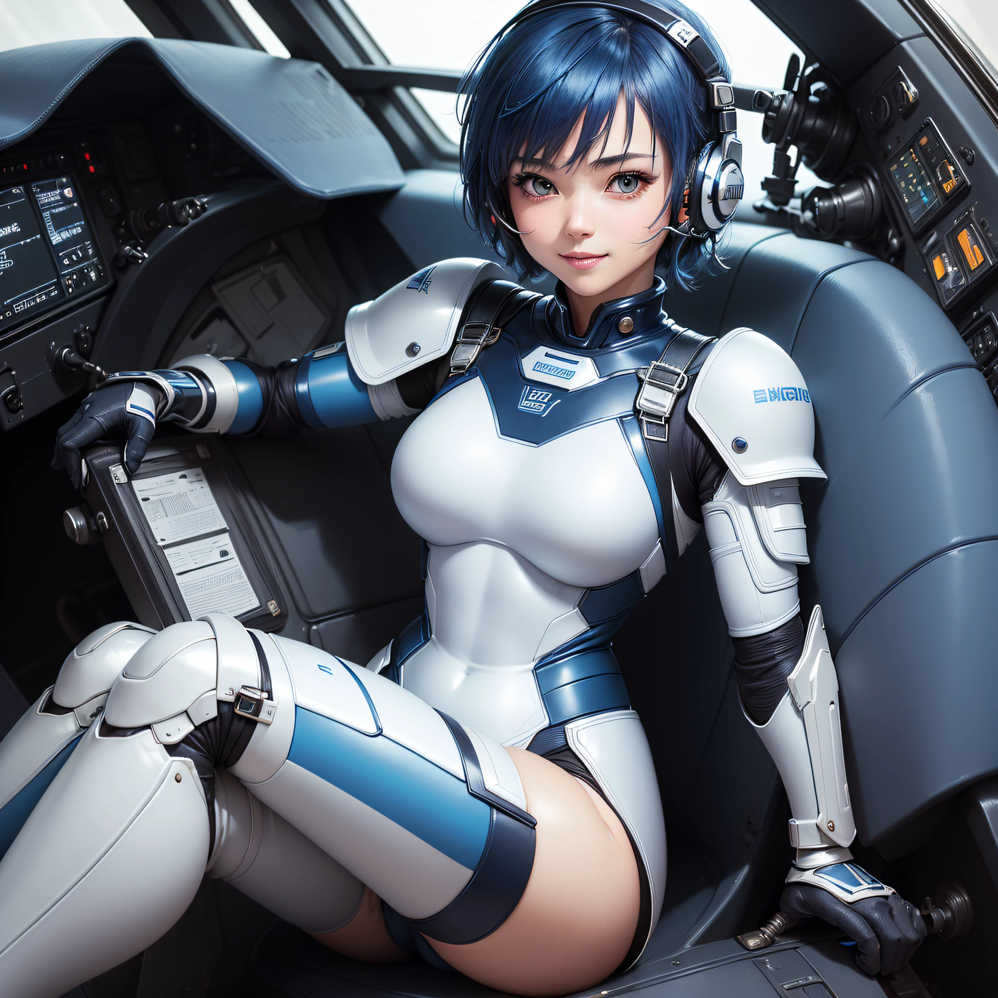 (masterpiece, highest quality, highest resolution, distinct_image, detailed details): (Solo, lone girl, face is Japan, blue haired girl, short hair, full body figure, sideways, small size breasts, sparkling blue color eyes, pilot suit of metallic tone white and blue, black color pilot suit, tight fit clothes, clothes that cover the whole body, beauty, cuteness, light smile, blush, slim body, Exoskeleton, white and blue and black metal armor, heroine, arm-length gloves, headset, knee boots, sitting in the cockpit, detailed cockpit, cheek cane)