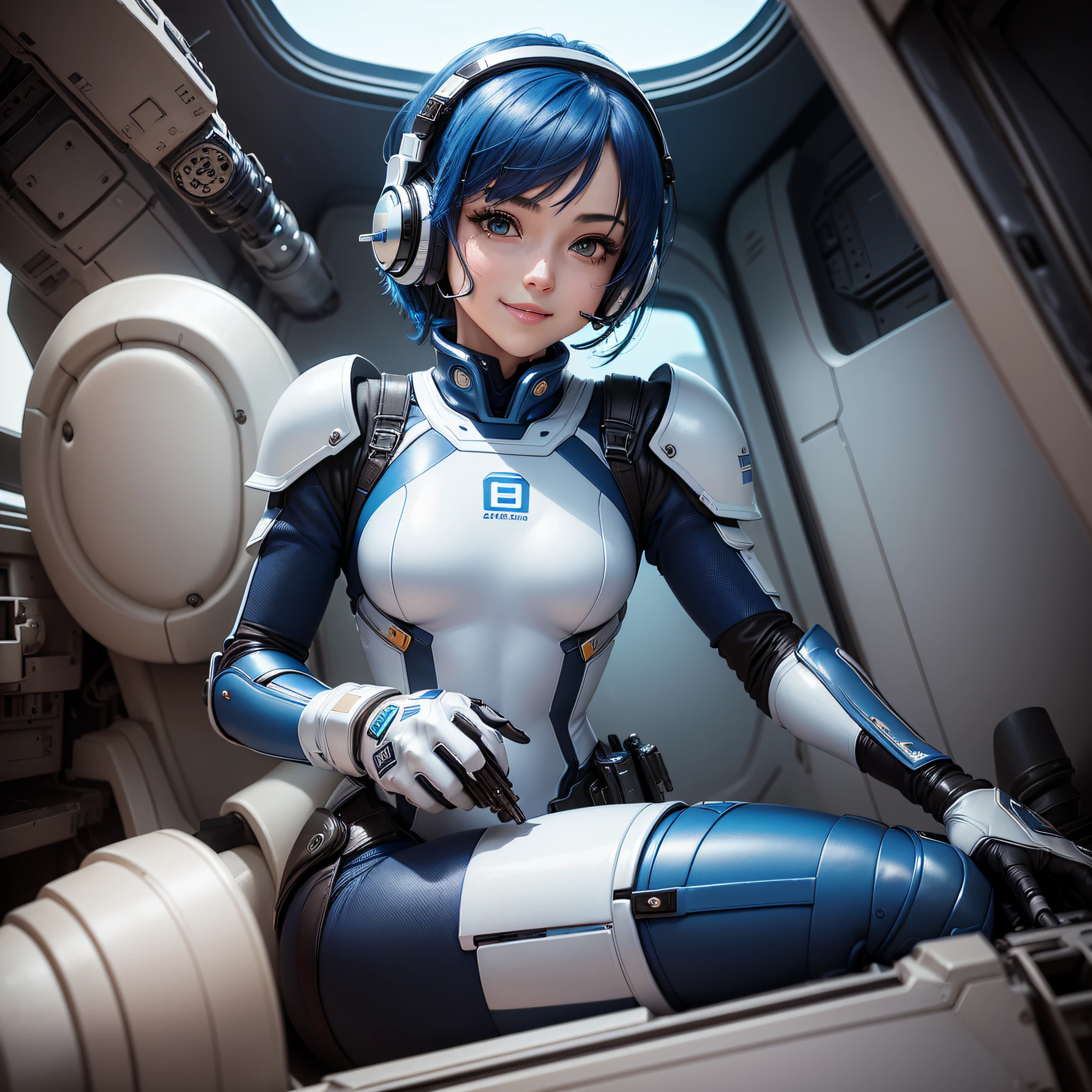 (masterpiece, highest quality, highest resolution, distinct_image, detailed details): (Solo, lone girl, face is Japan, blue haired girl, short hair, full body figure, sideways, small size breasts, sparkling blue color eyes, pilot suit of metallic tone white and blue, black color pilot suit, tight fit clothes, clothes that cover the whole body, beauty, cuteness, light smile, blush, slim body, Exoskeleton, white and blue and black metal armor, heroine, arm-length gloves, headset, knee boots, sitting in the cockpit, detailed cockpit, cheek cane)