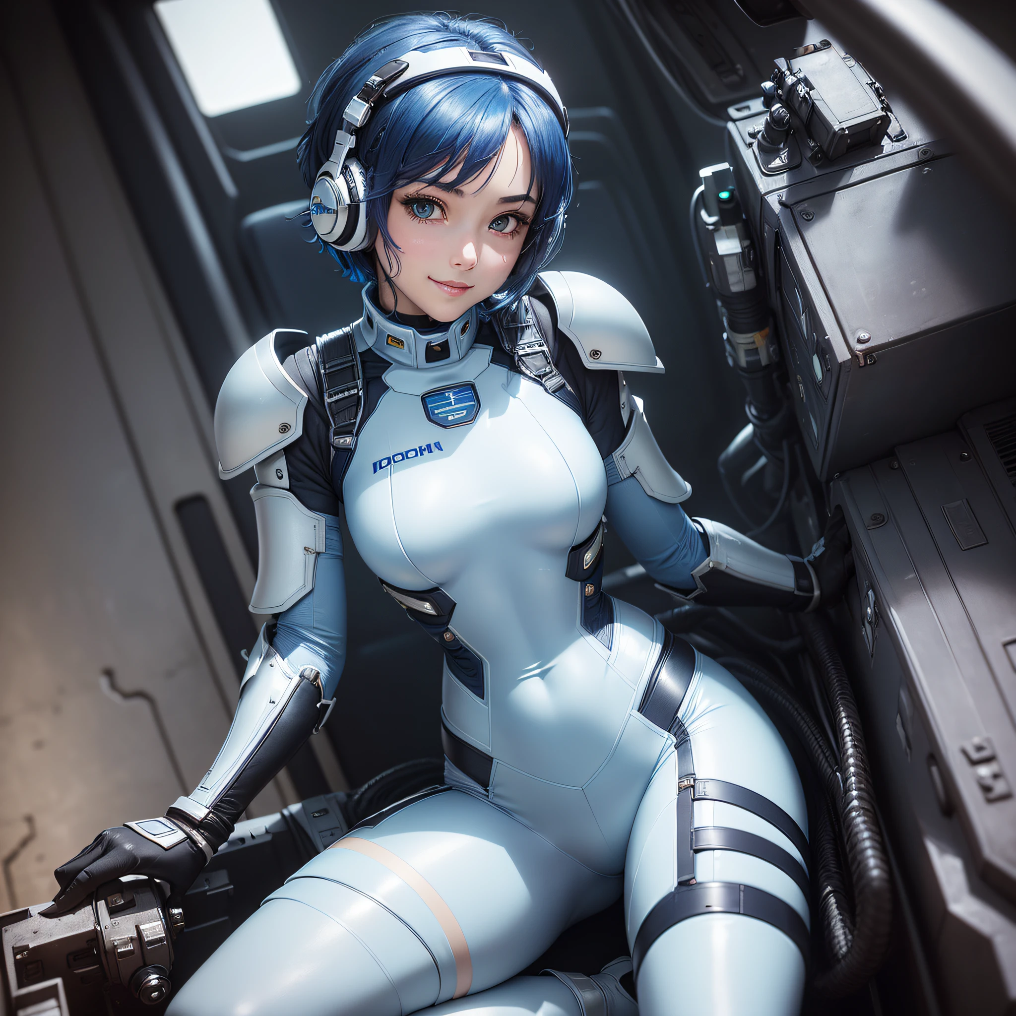 (masterpiece, highest quality, highest resolution, distinct_image, detailed details): (Solo, lone girl, face is Japan, blue haired girl, short hair, full body figure, sideways, small size breasts, sparkling blue color eyes, pilot suit of metallic tone white and blue, black color pilot suit, tight fit clothes, clothes that cover the whole body, beauty, cuteness, light smile, blush, slim body, Exoskeleton, white and blue and black metal armor, heroine, arm-length gloves, headset, knee boots, sitting in the cockpit, detailed cockpit, cheek cane)
