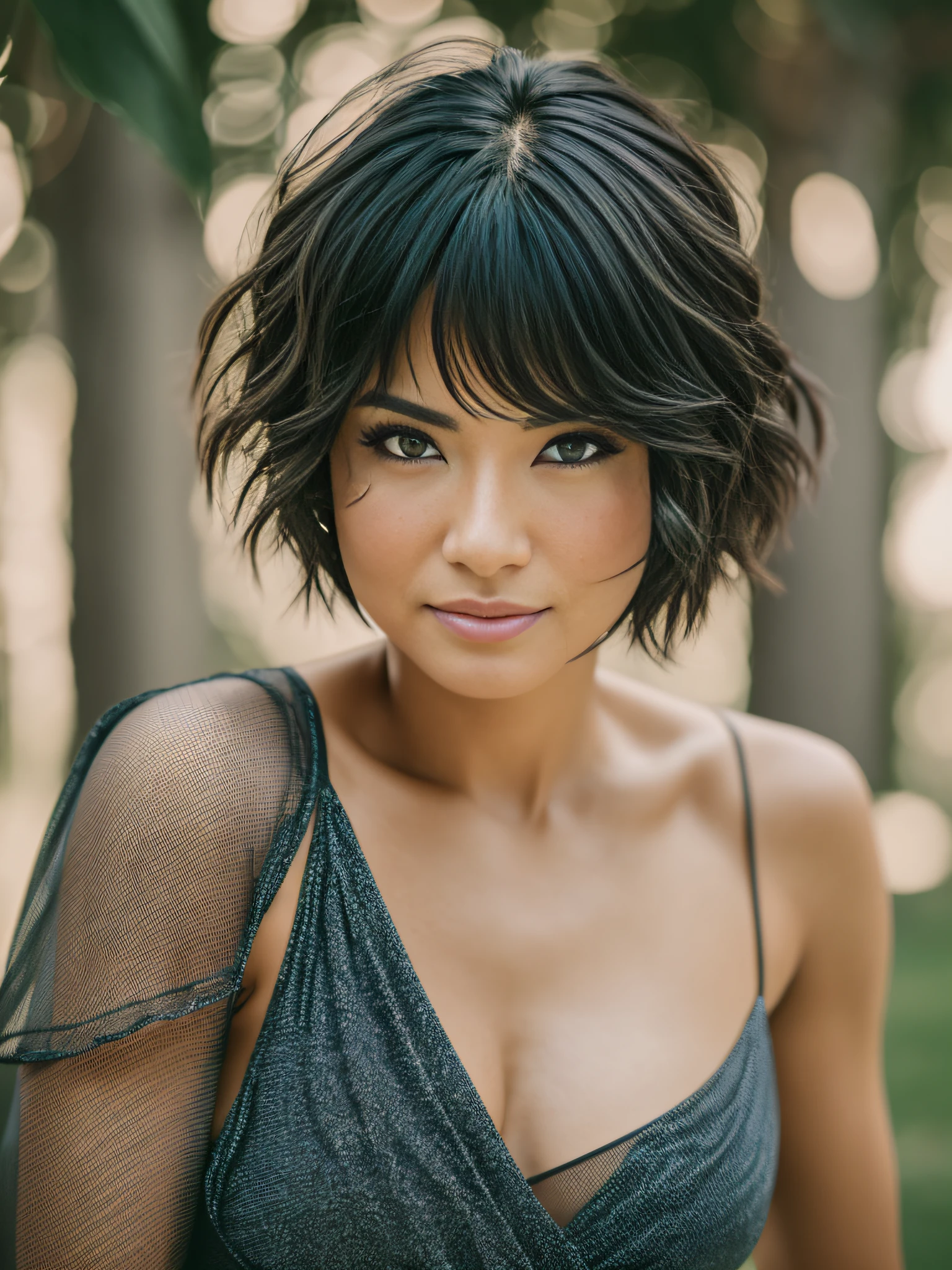 RAW, a photograph of a beautiful 40-year-old woman. Short black hair, a sexy captivating look. camera focuses on the woman. Many details details such as highlights and shadows on your face and hair, very realistic photo. (masterpiece) , ((highly detailed skin, skin details)), sharp focus, volumetric mist, 8k UHD, DSLR, high quality, grain film, Fujifilm XT3 --auto --s2