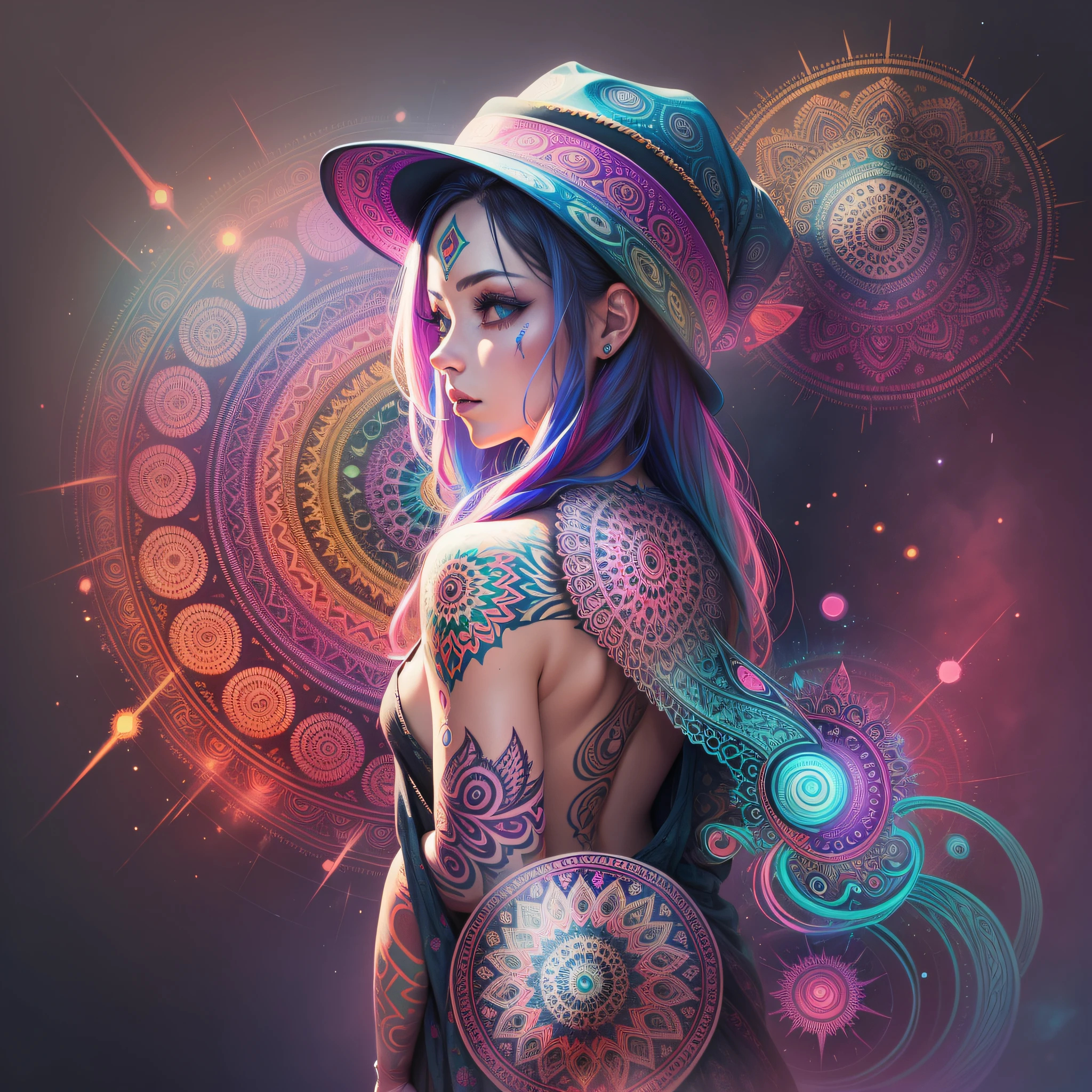back of a woman's entire body, saturated colors, psychedelic image, LSD, mandala, fractral, fantasy, tattoo, painted body, hat, power