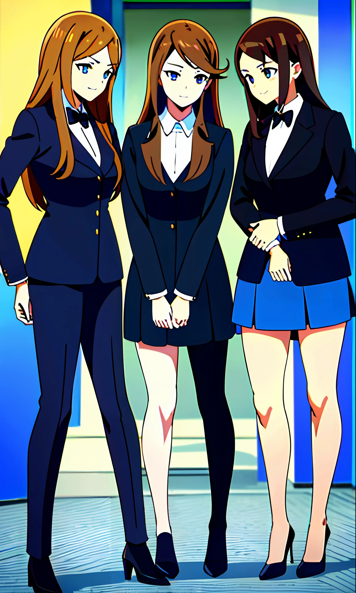 perfect anime illustration, brown hair, wavy hair, hazel eyes, smiling, business attire, blue skirt suit, black high heels, businesswoman, highres, full body, 3girls, identical sisters, matching outfits, matching hairstyles, matching faces, bare legs, group photo