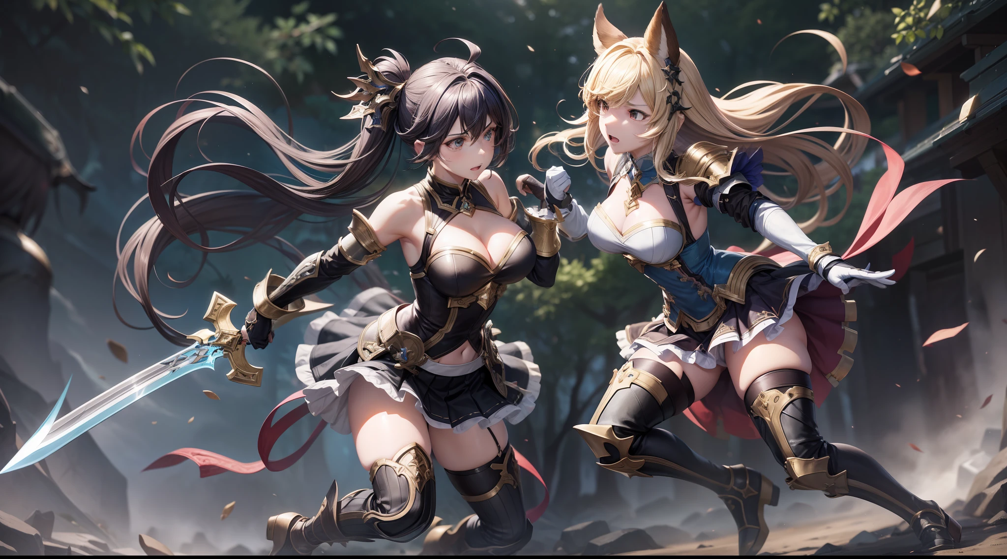 full body, two female from granblue fantasy looking each other, fighting with sword clashing, intense death match battle until one of them killed, different hairstyle, different expression, proper and detailed face, with correct anatomy. They are wearing different dress armor, detached sleeves, long gloves, short skirt, thigh high, and shoes. Setting at lush forest.